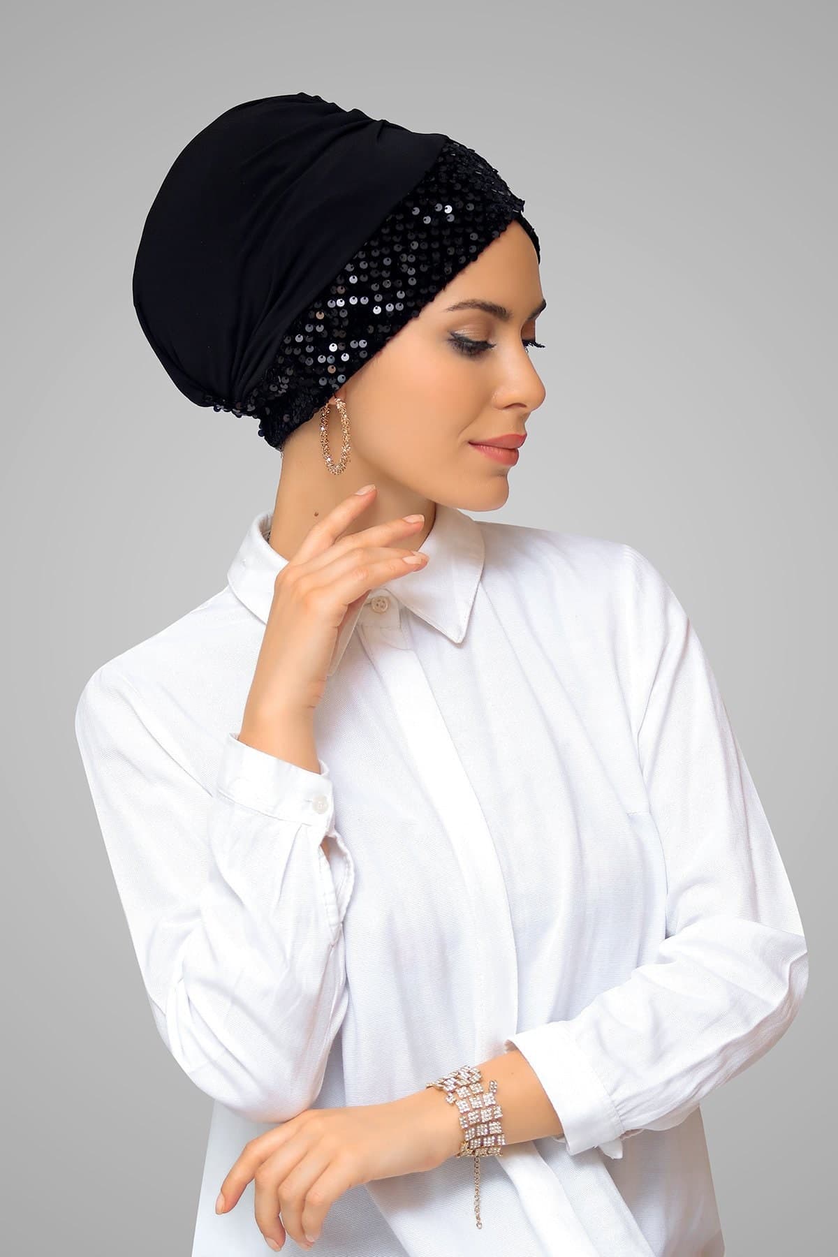 Practical Sandy Fabric Pull-On Hijab Cap, Cross Design with Sequins, Ready to Wear,Cross Design Sandy Fabric Hijab Cap,  Ready to Wear - image 5