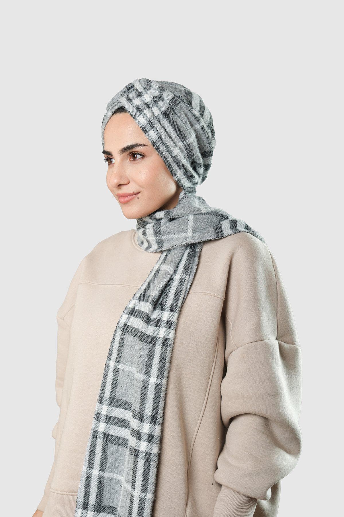 Winter Hijab Scarf with Attached Wrap | Jakar Plaid Headscarf in Grey, Beige & Taupe | Gift for Women