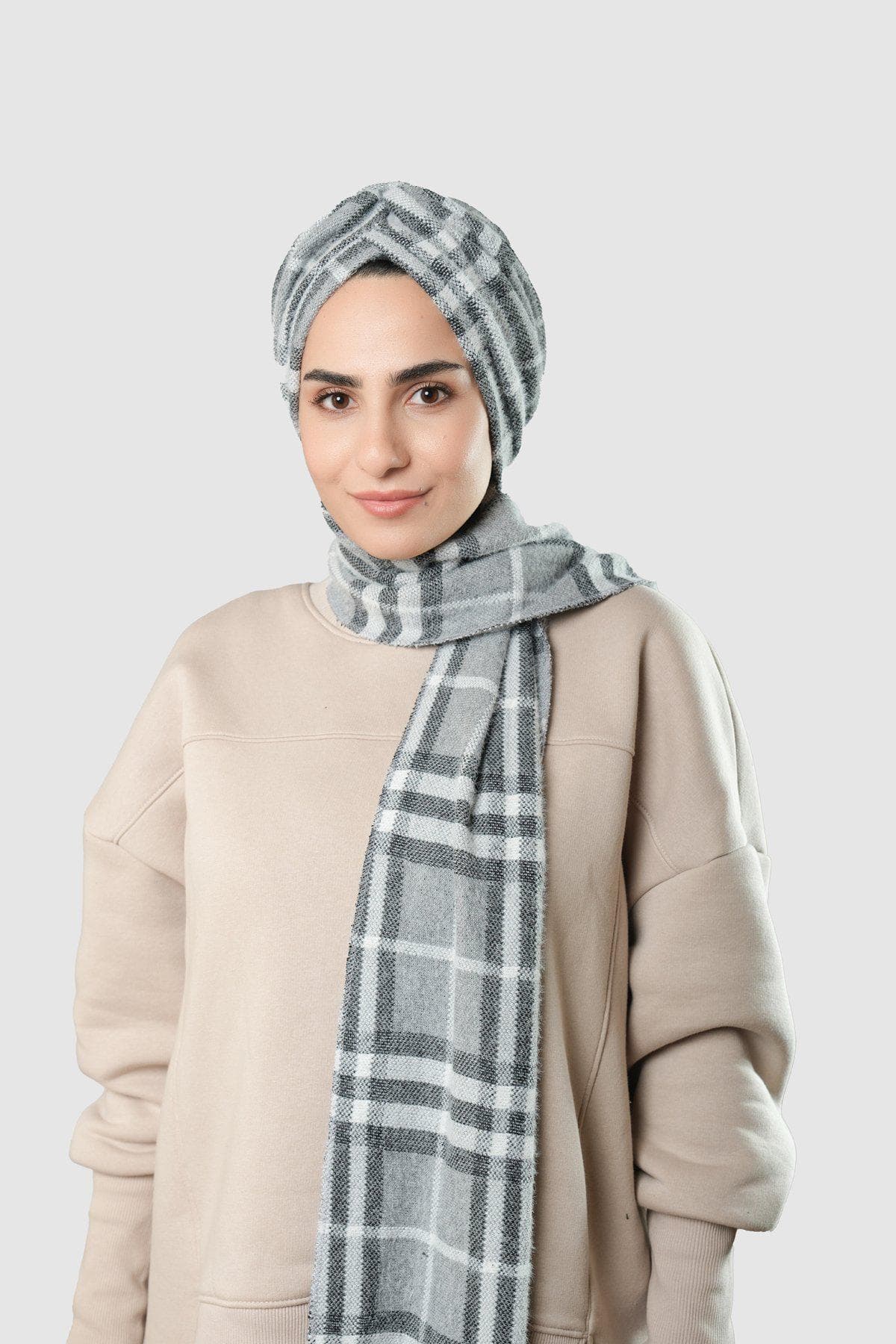 Winter Hijab Scarf with Attached Wrap | Jakar Plaid Headscarf in Grey, Beige & Taupe | Gift for Women