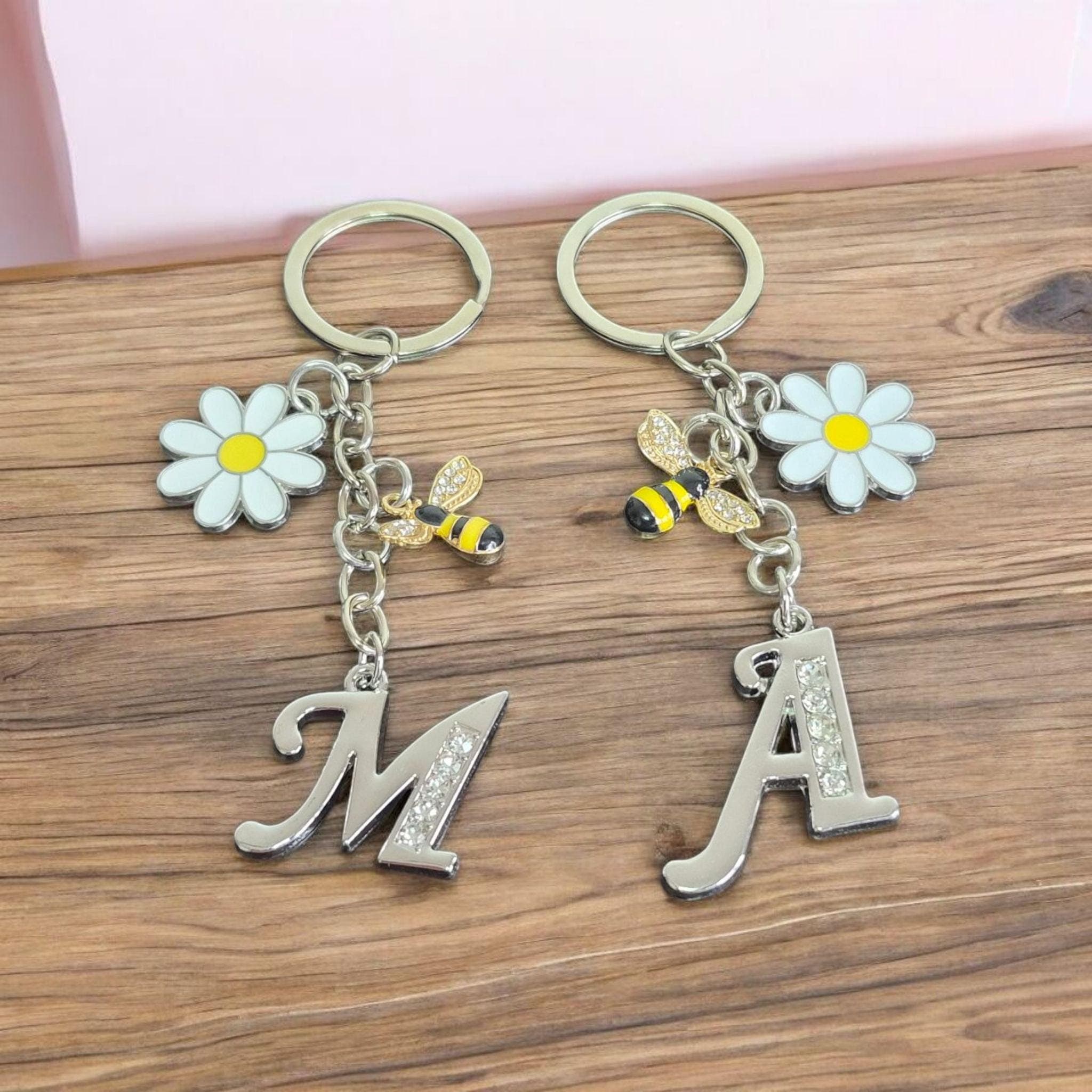 Personalized Initial Keychain: Silver Monogram with Daisy & Bee Charms