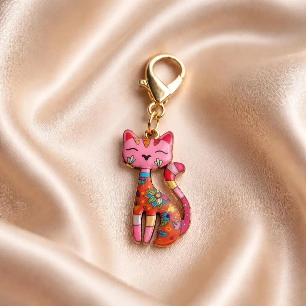 Cute Cat Keychain Charm | Colorful Enamel Cat Bag Charm | Kawaii Cat Keyring Gift | Handmade Cat Lover Accessory | Purse Zipper Charm - image 2