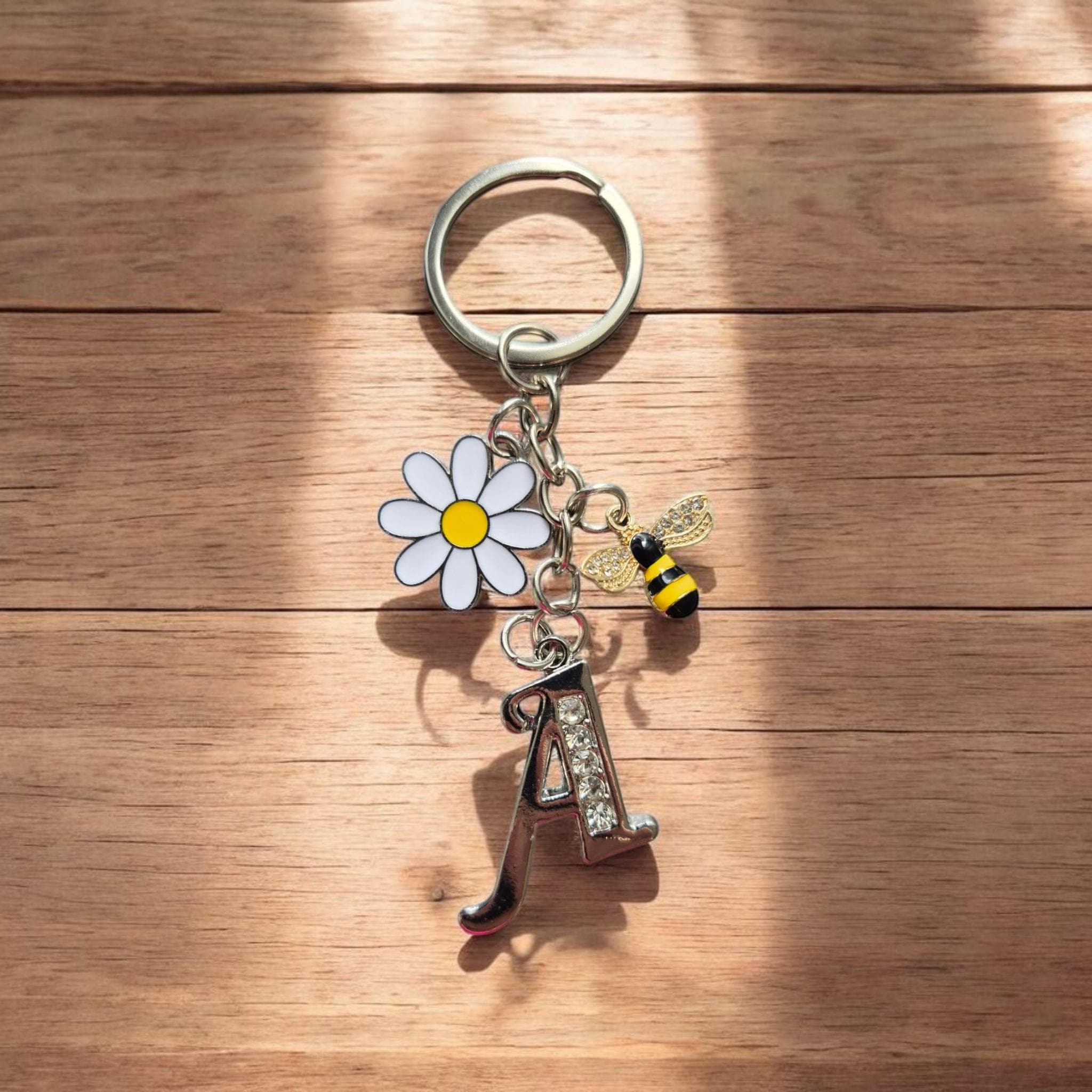 Personalized Initial Keychain: Silver Monogram with Daisy & Bee Charms - image 4
