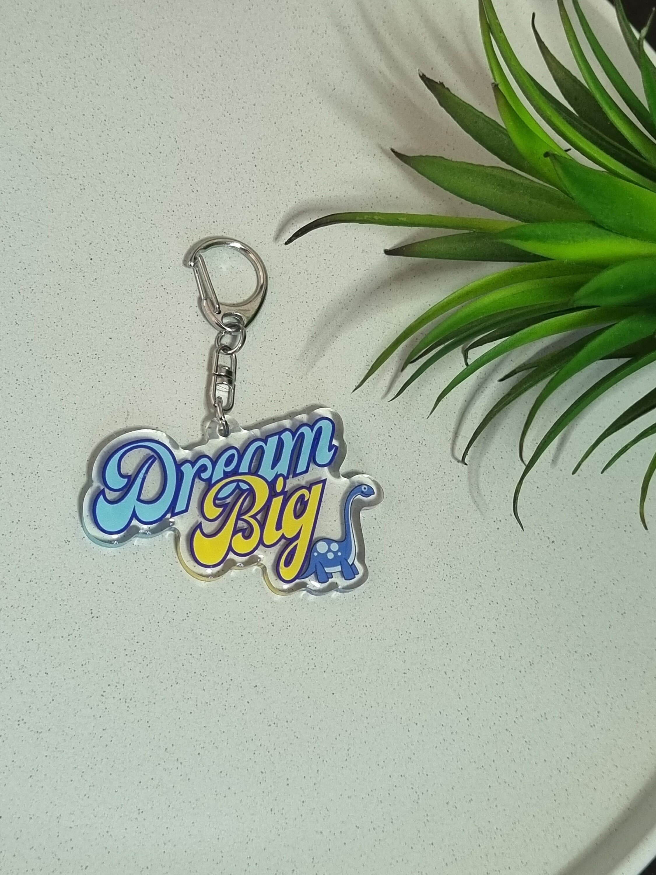 Dream Big Kids Keychain: Acrylic Dinosaur School Bag Charm