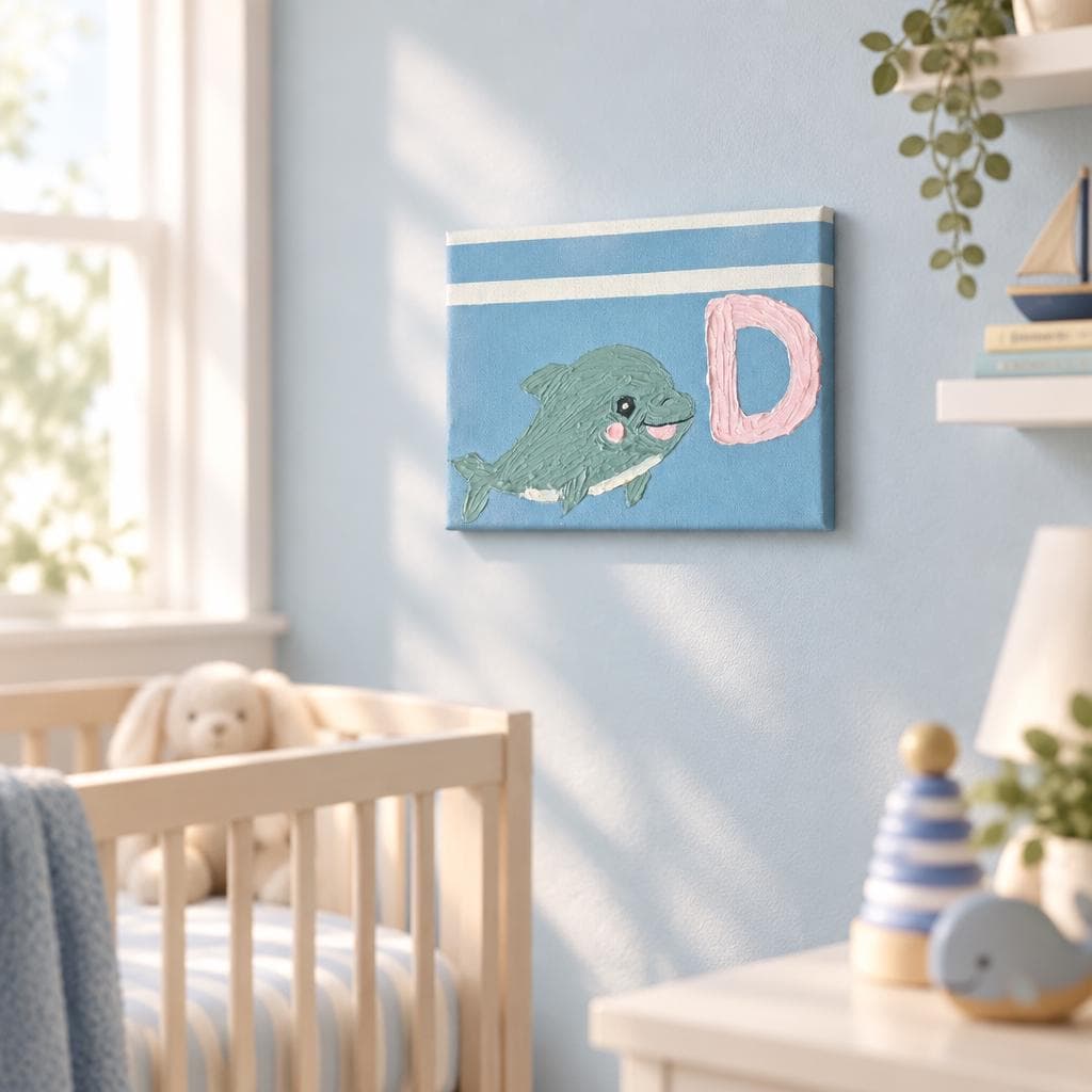 Dolphin Nursery Wall Art, Letter D Textured Canvas, Handmade Alphabet Painting, Baby Boy Room Decor, Ocean Kids Room Art - image 5