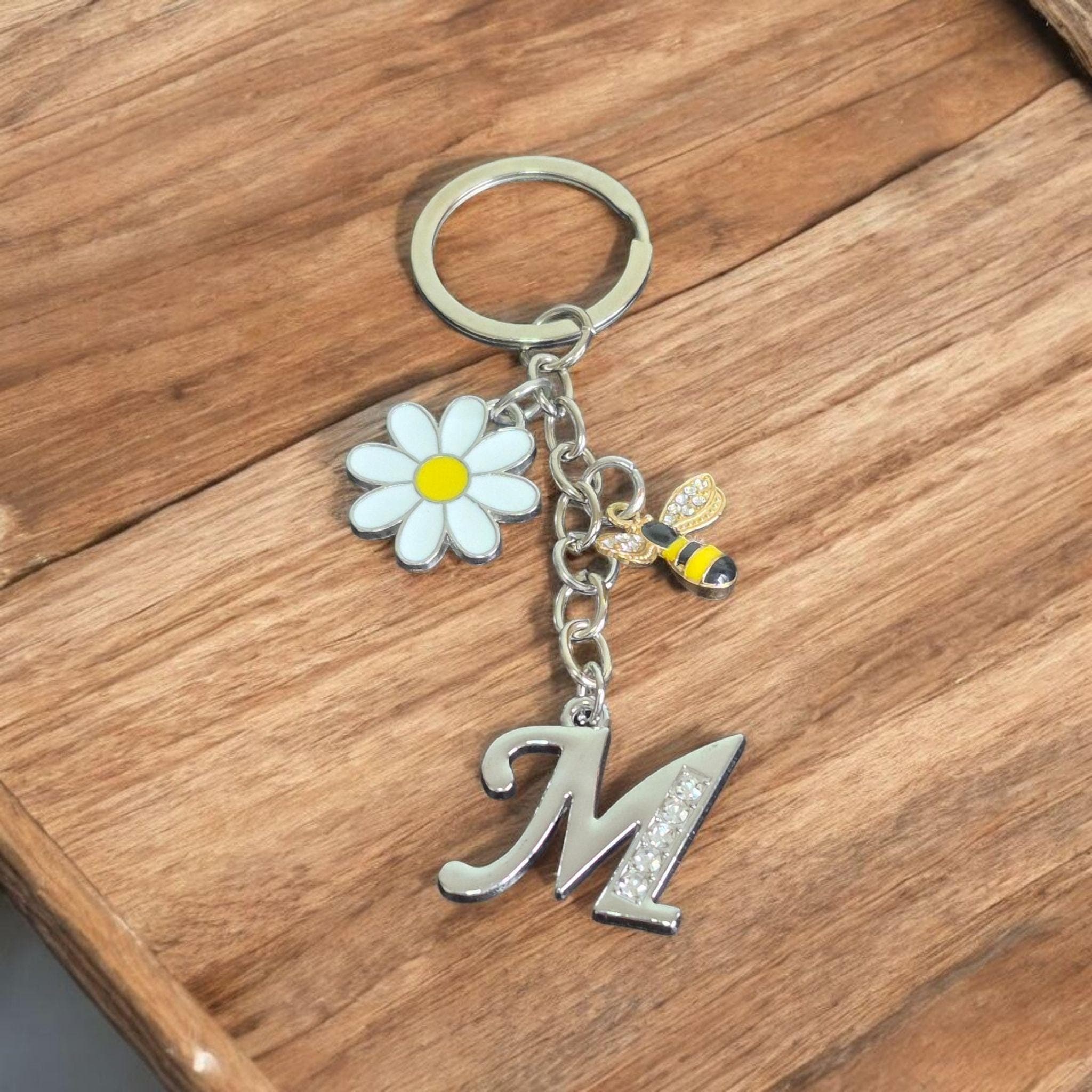 Personalized Initial Keychain: Silver Monogram with Daisy & Bee Charms - image 3