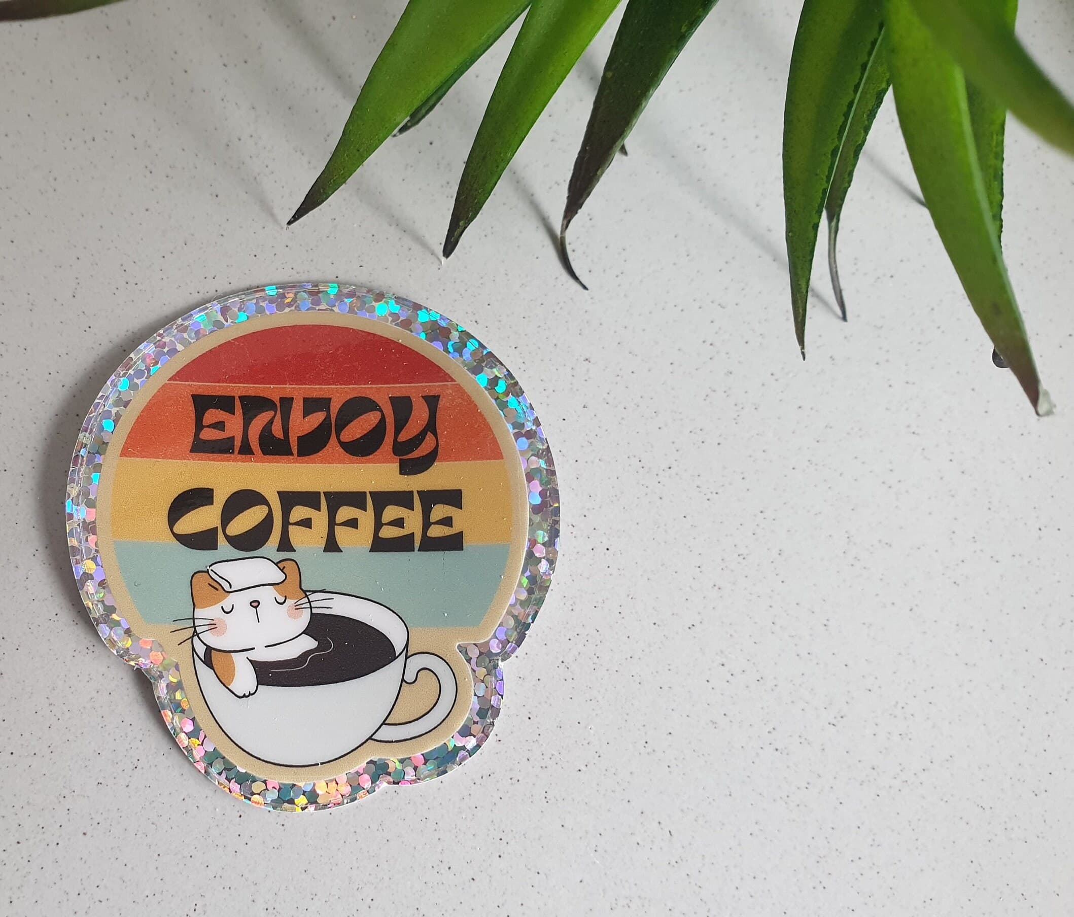 Glitter Coffee Cat Sticker: Waterproof Vinyl Decal