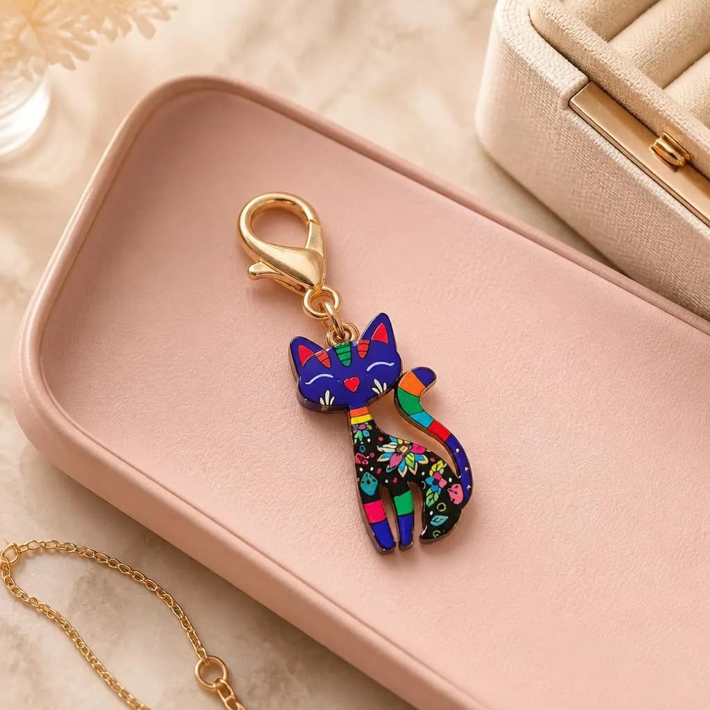 Cute Cat Keychain Charm | Colorful Enamel Cat Bag Charm | Kawaii Cat Keyring Gift | Handmade Cat Lover Accessory | Purse Zipper Charm - image 5