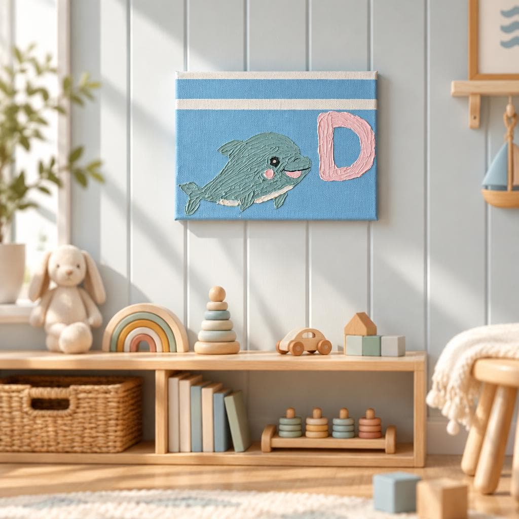 Dolphin Nursery Wall Art, Letter D Textured Canvas, Handmade Alphabet Painting, Baby Boy Room Decor, Ocean Kids Room Art - image 3