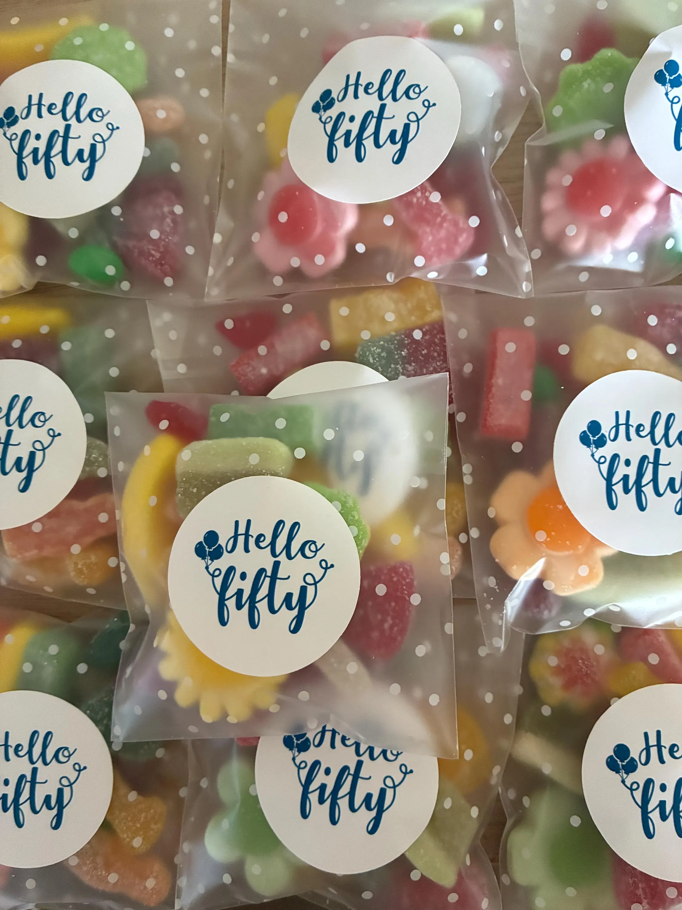 50th Birthday pre filled Party Candy Bags: Assorted gummies