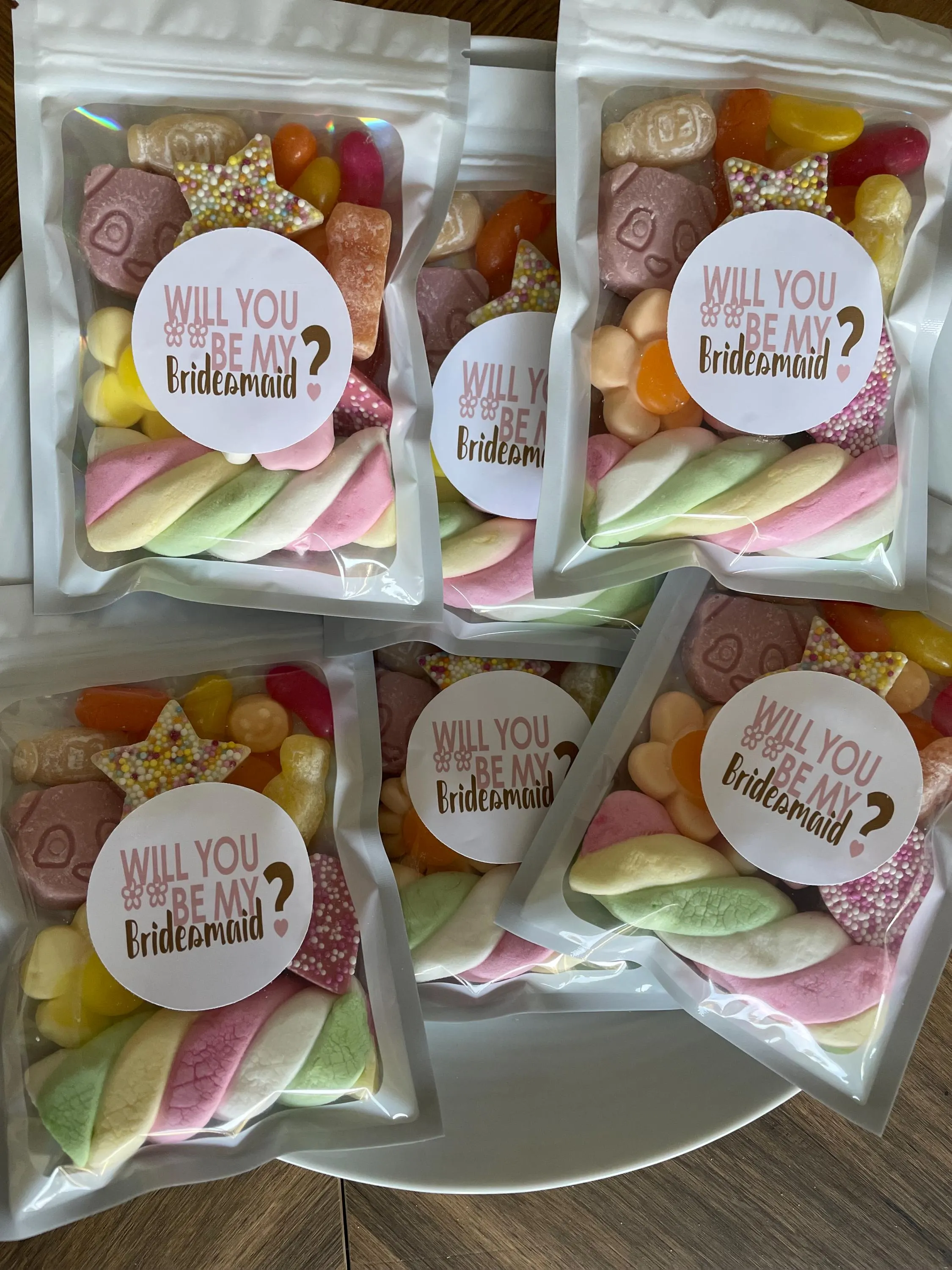 will you be my Bridesmaid sweet bags.Assorted Candy Gummies Chocolate pre filled