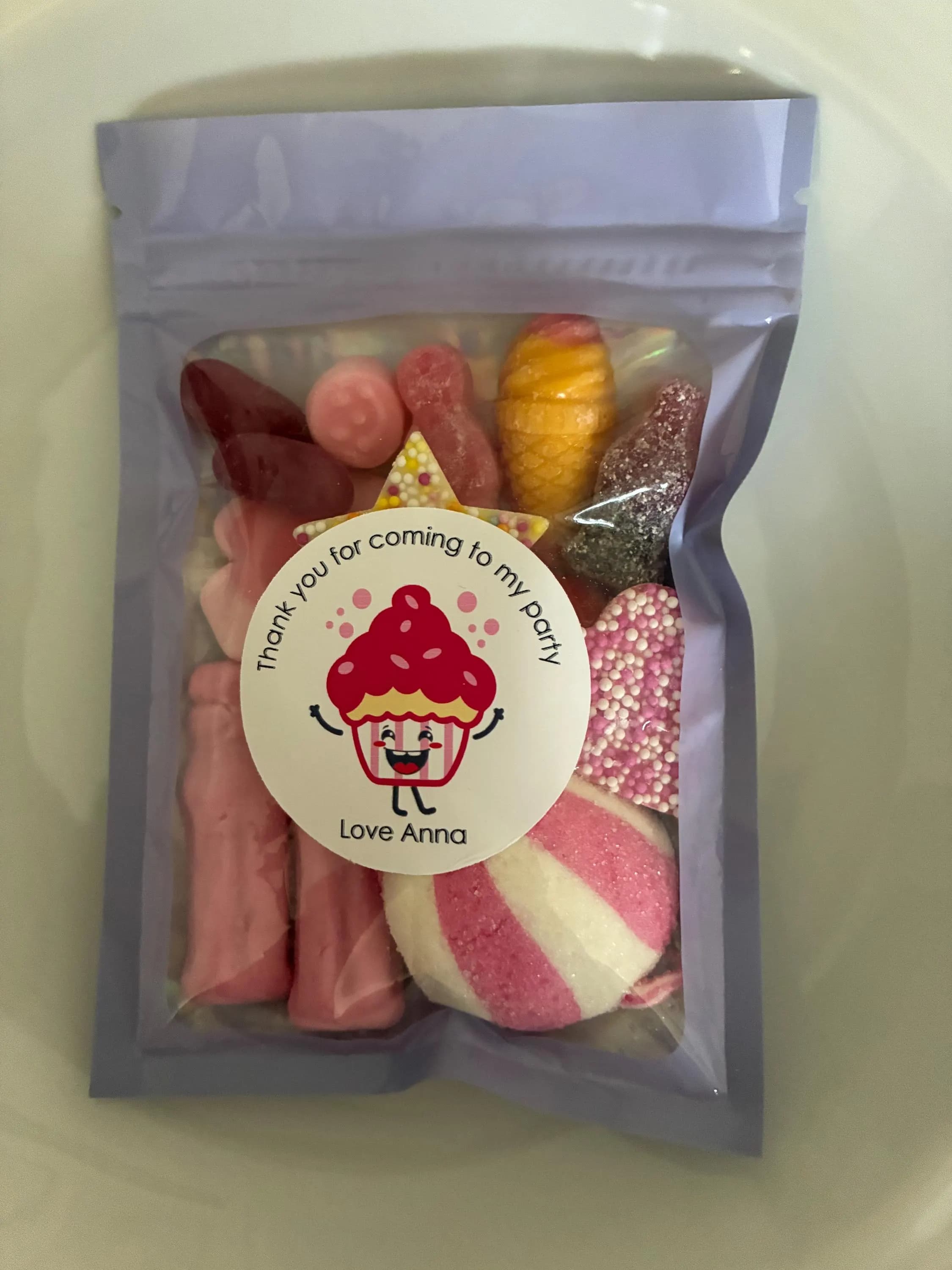 Personalised jelly cake theme  Sticker, Assorted candies gummies chocolate, pre filled sweets bags