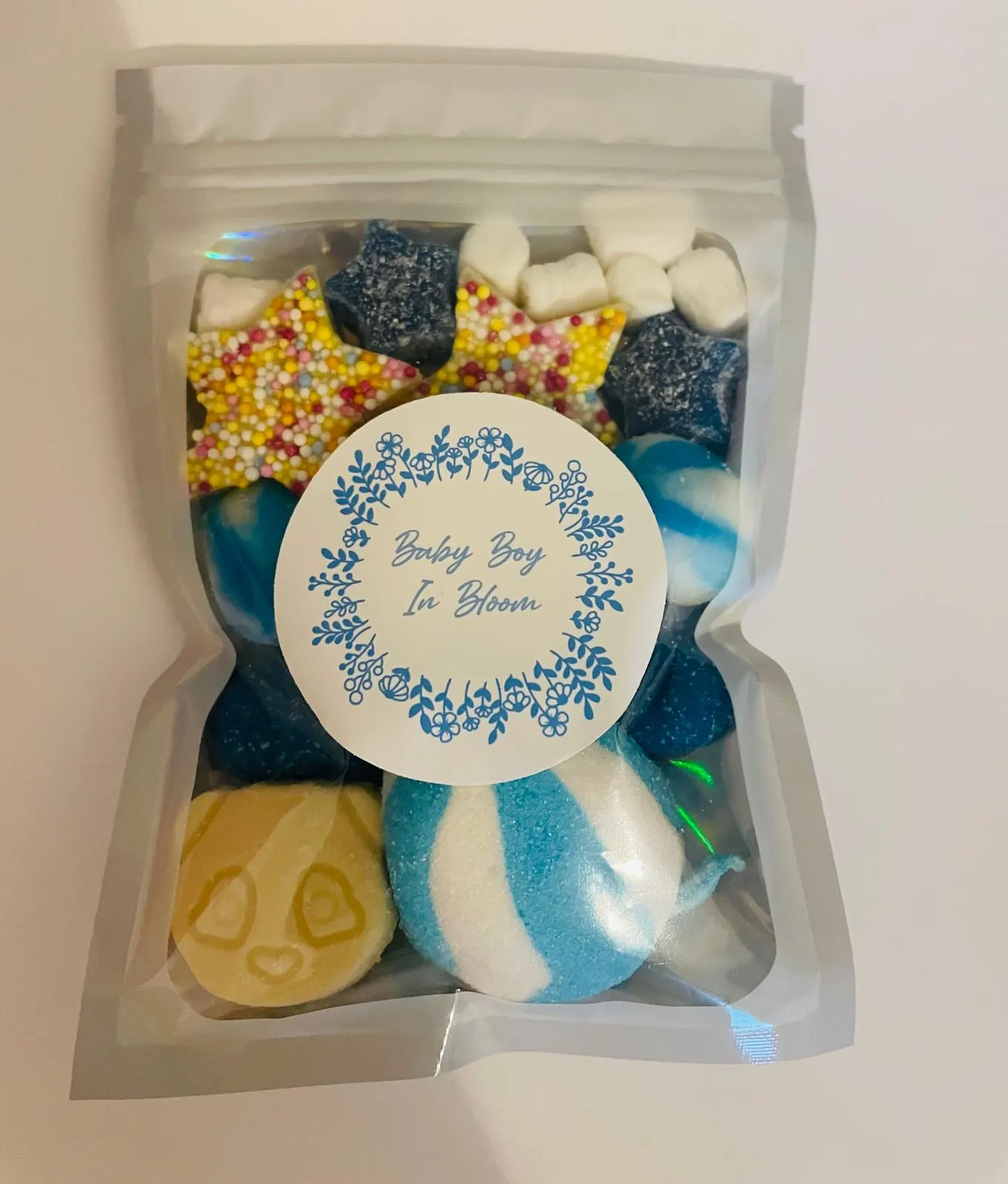 Personalised Baby shower favour sweet  bags assorted candies gummies chocolate . Colour coordinated