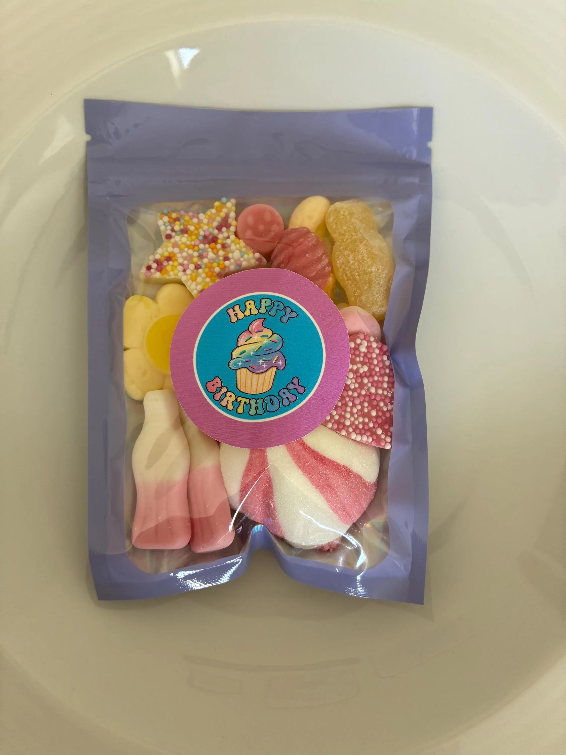 Happy birthday cupcake sticker pre-filled sweet bags
