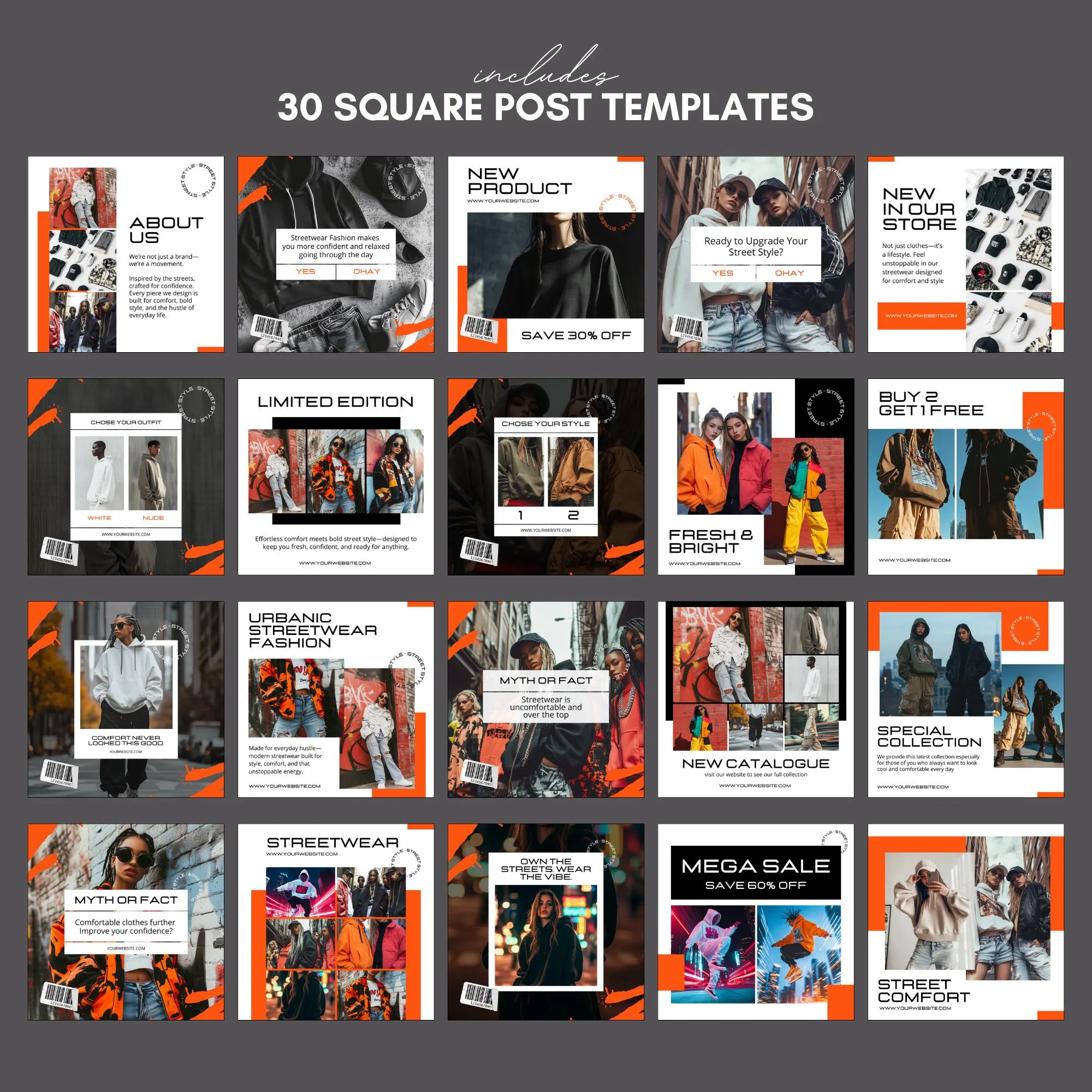 Streetwear Instagram Templates | 30 Square Posts + 30 Story Templates | Editable Canva Design | Urban Fashion Social Media Kit - image 3