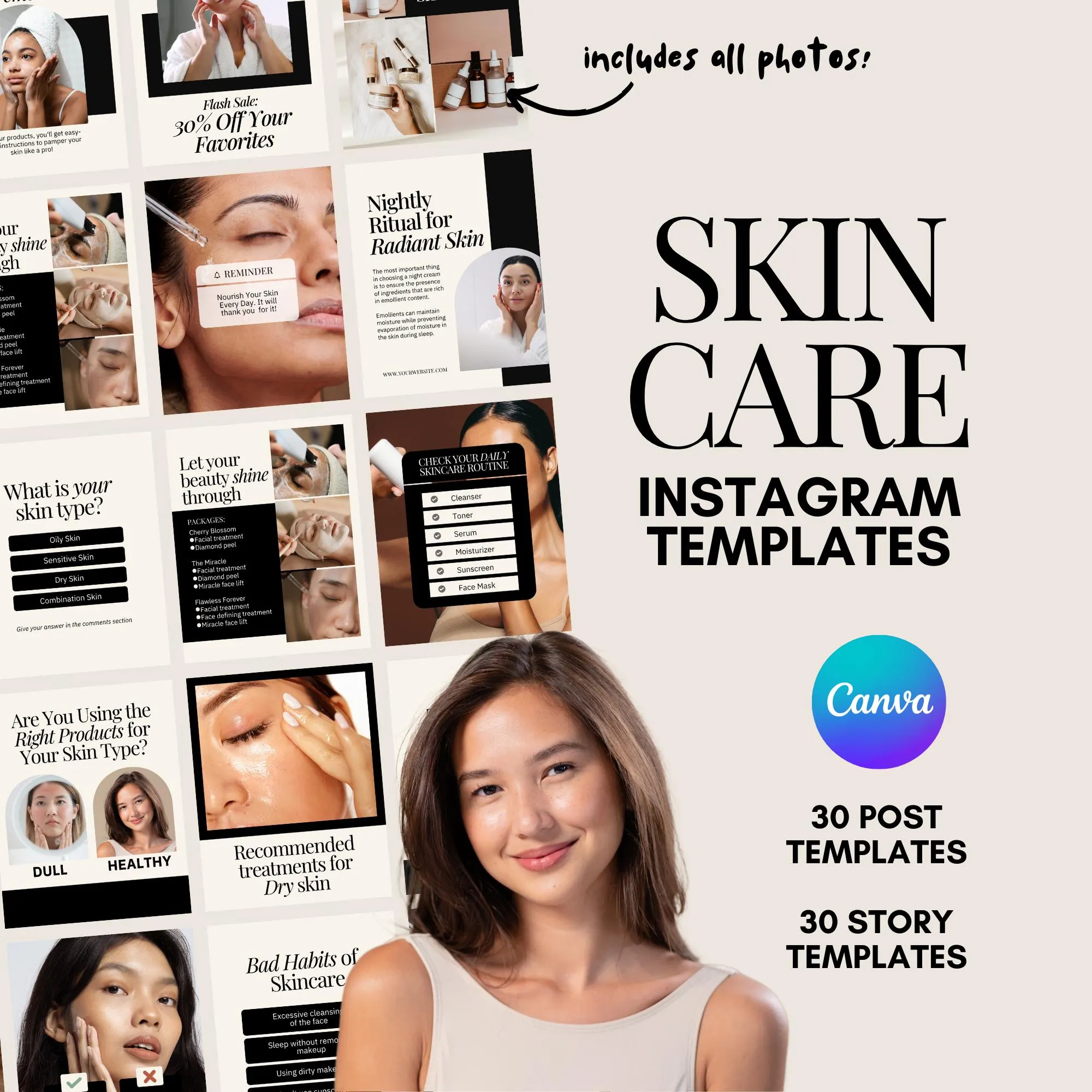 Skincare Instagram Templates | 30 Square Posts + 20 Story Templates | Editable Canva Design | Beauty  Aesthetics Media Kit