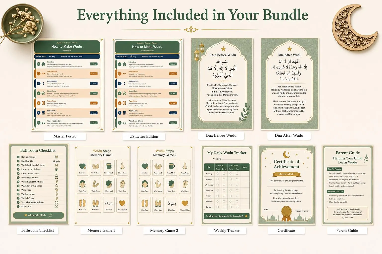 Kids Wudu Steps Learning System, Printable Islamic Bathroom Checklist (Digital Download)