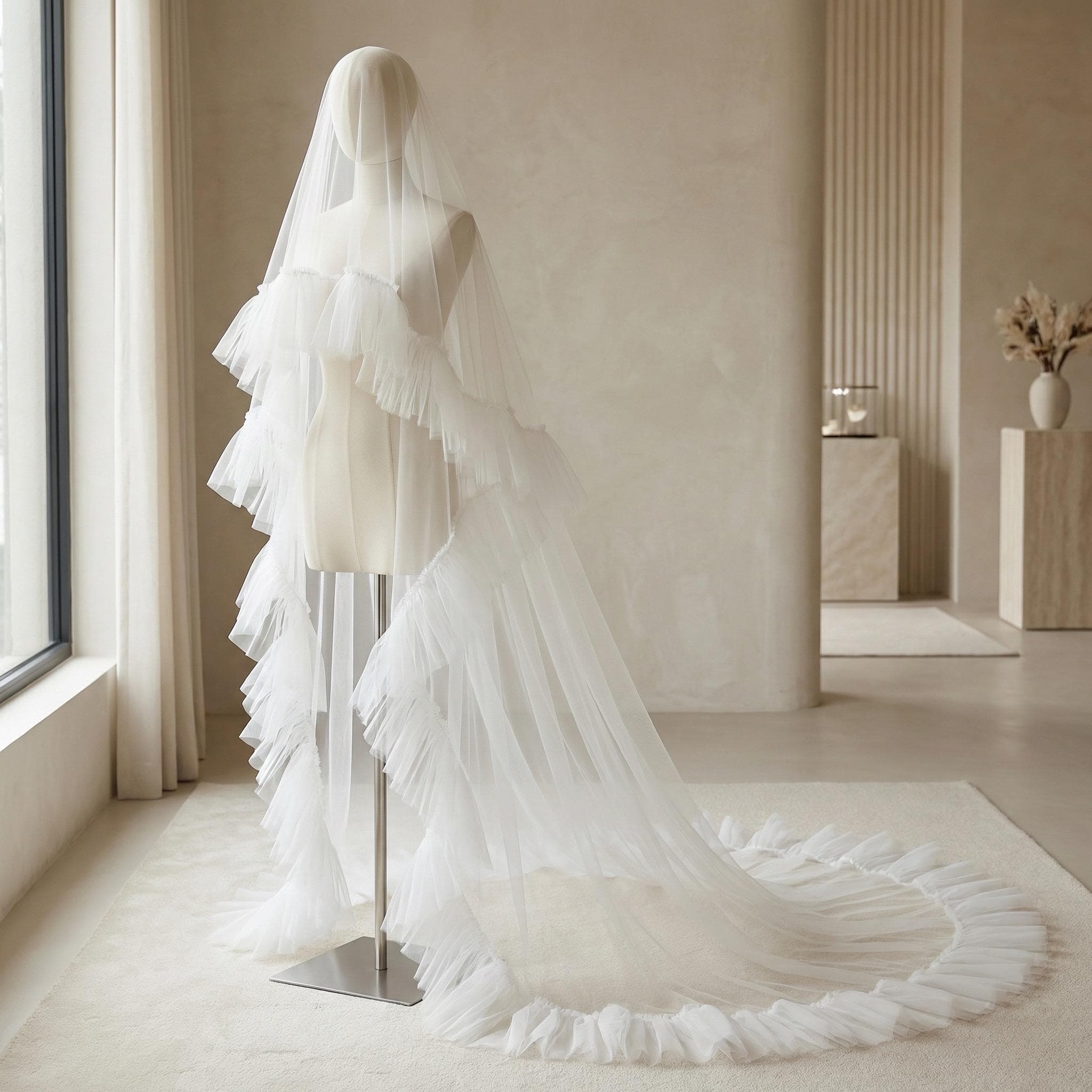 Ruffled Tulle Bridal Veil 300 cm – Long Elegant Wedding Veil with Soft Layers