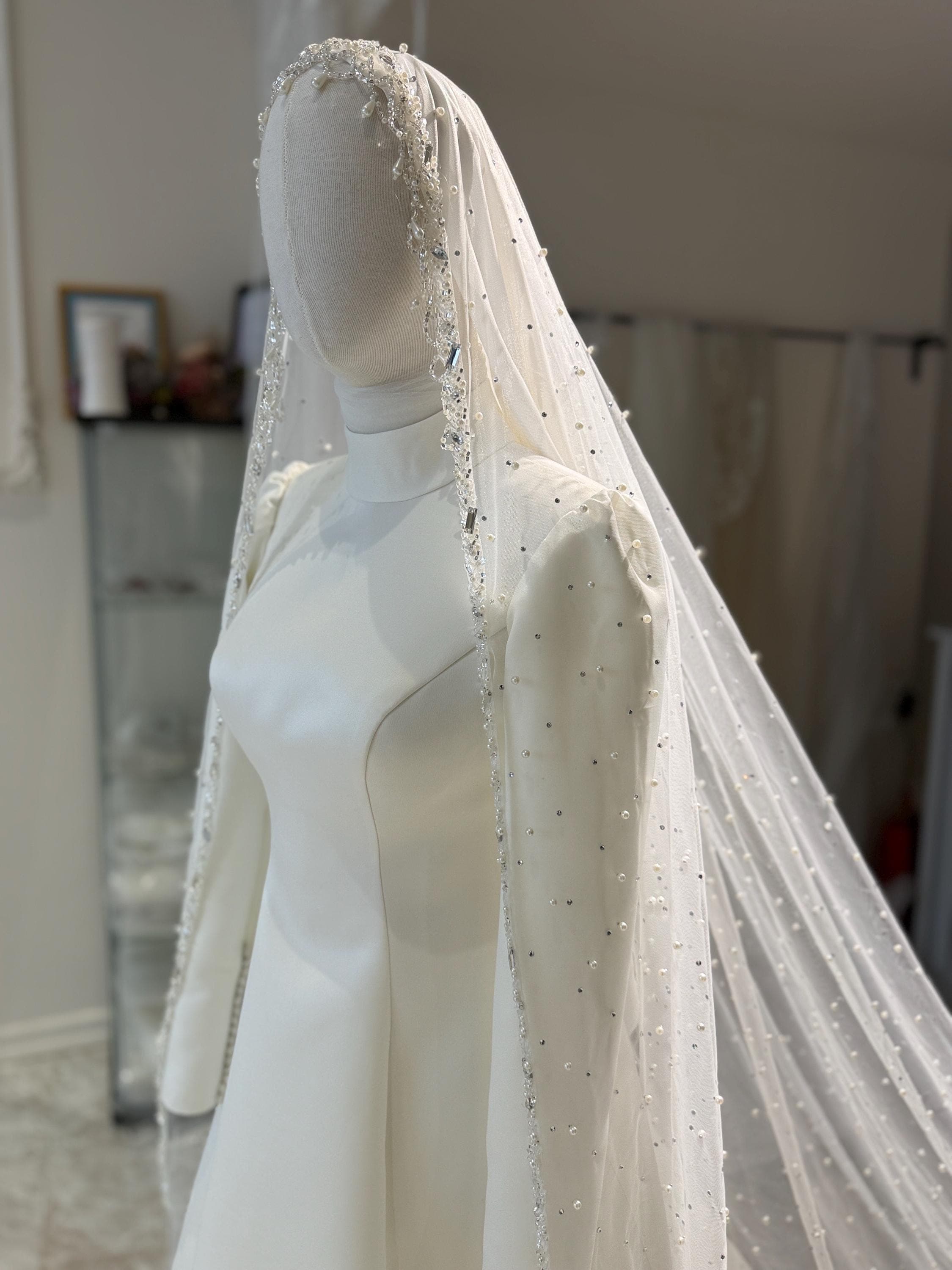 Pearl Crystal Bridal Veil – Silk Tulle Cathedral Wedding Veil, Modest Accessory - image 5