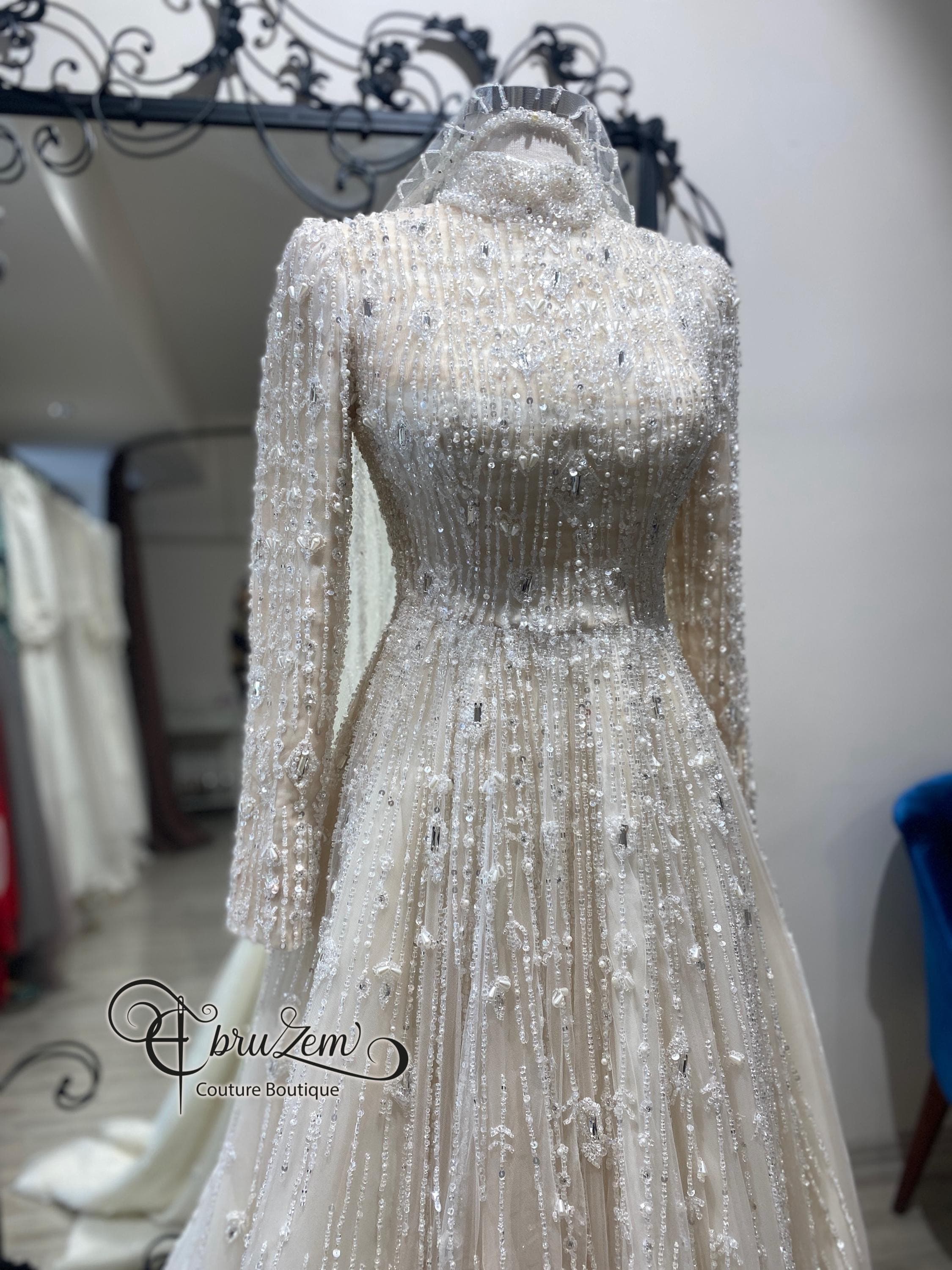 Modest Muslim Wedding Dress – Beaded A-Line Bridal Gown, Long Sleeve Elegant Hijab bridal - image 4