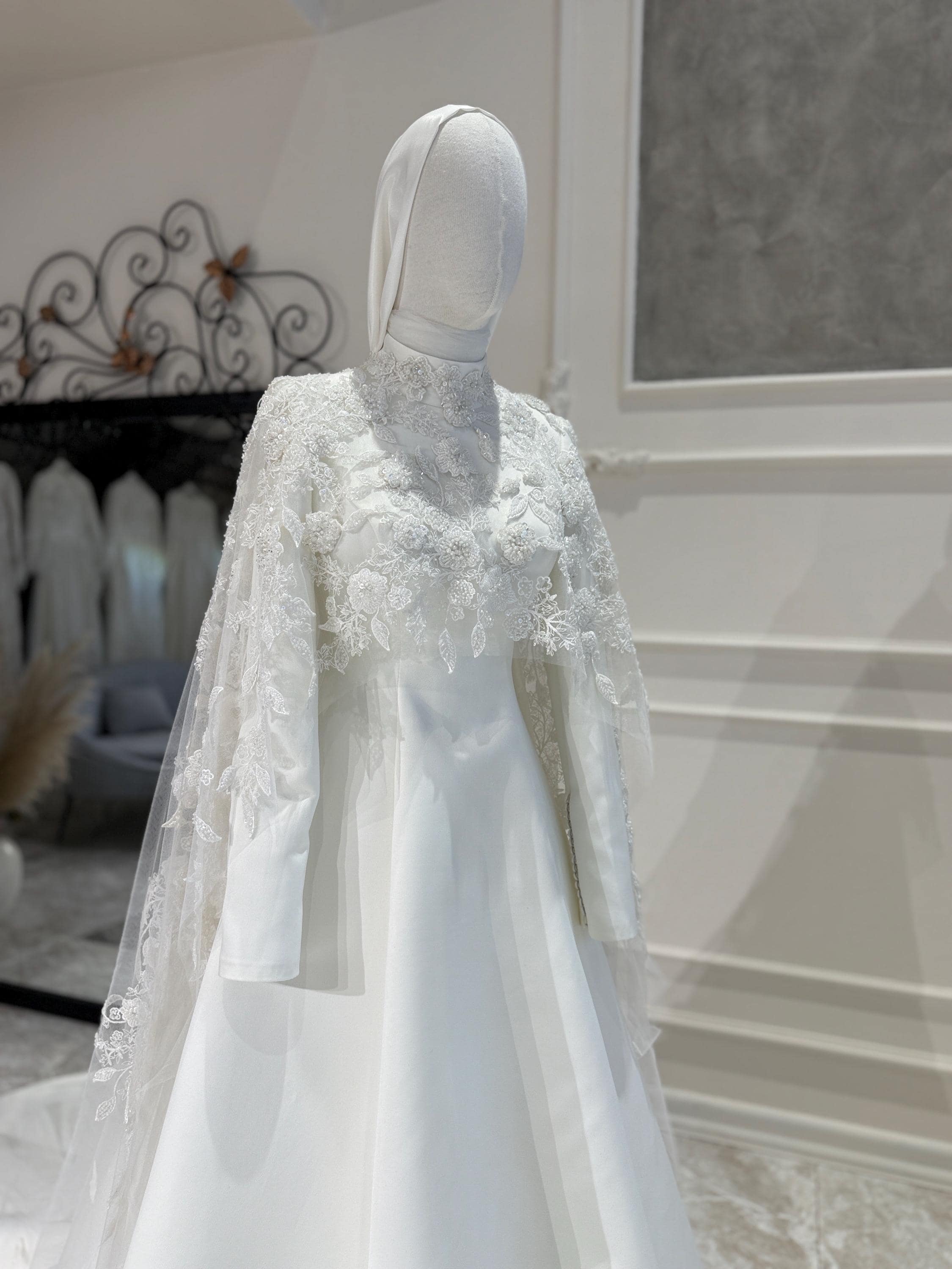 Elegant Satin Hijab Wedding Dress with Cape – Minimalist Modest Bridal Gown - image 4