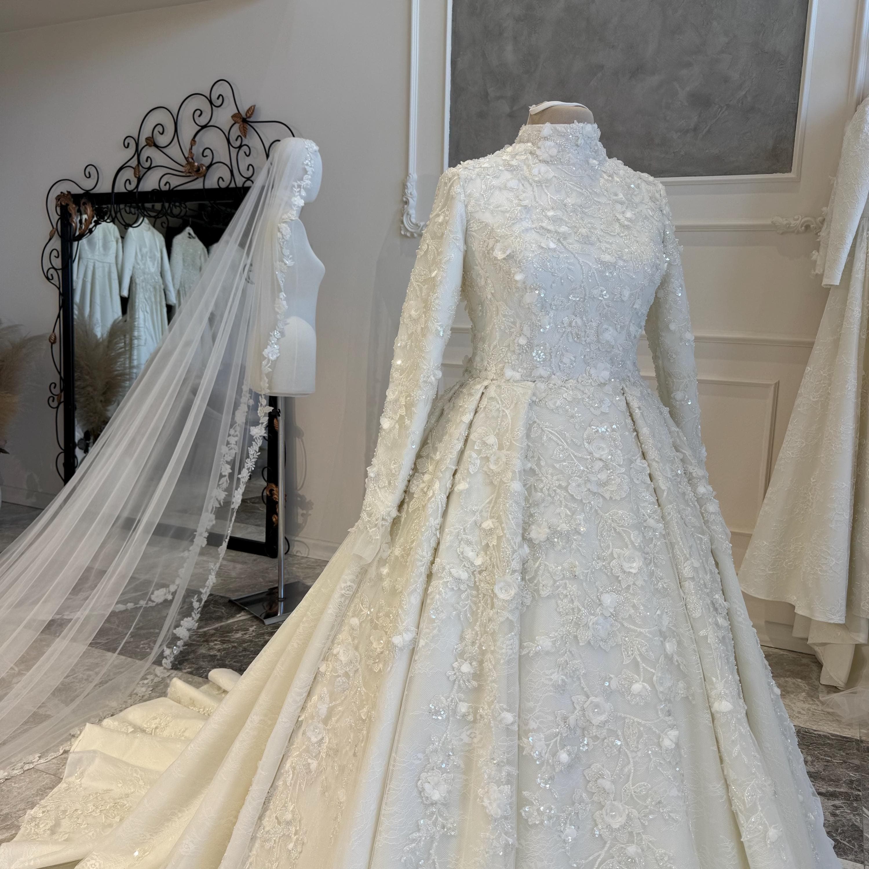 Hijab Wedding Dress with Floral Sleeves – 3D Lace  Modest Muslim Bridal Gown - image 5