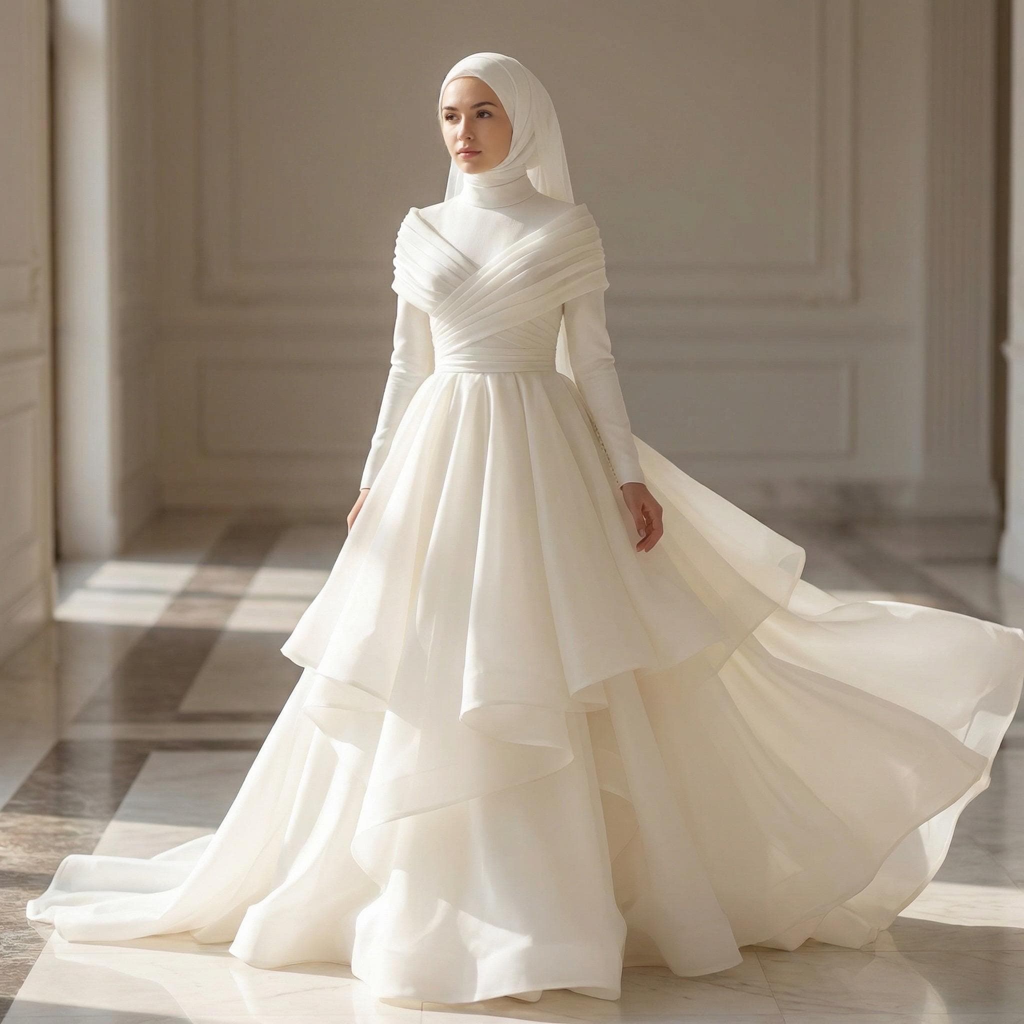Custom Made Modest Wedding Dress – Draped Bodice, Layered Skirt, Long Sleeve Hijab Gown