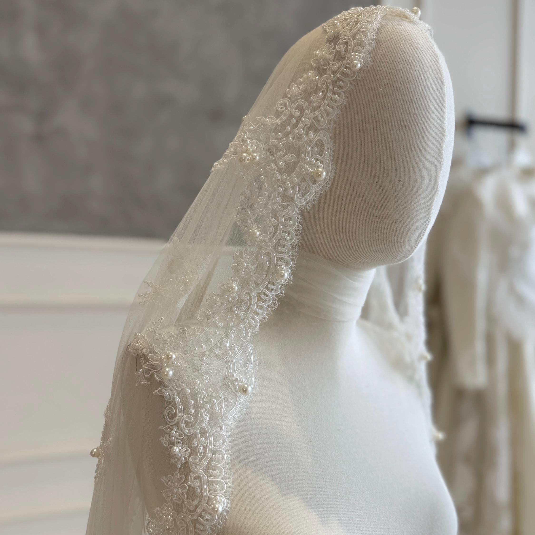 Cathedral Lace Wedding Veil 300cm – French Bridal Veil with Comb, Handmade Silk Tulle