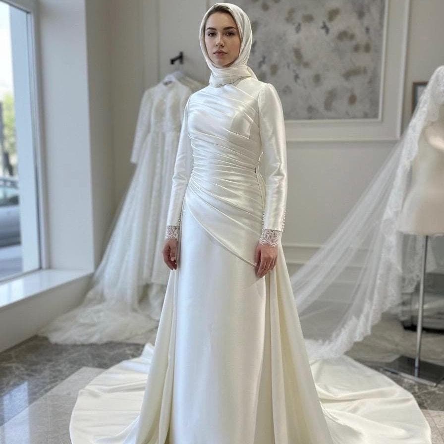 Hijab Wedding Dress, with Draped Satin – Long Sleeve Modest Bridal Gown
