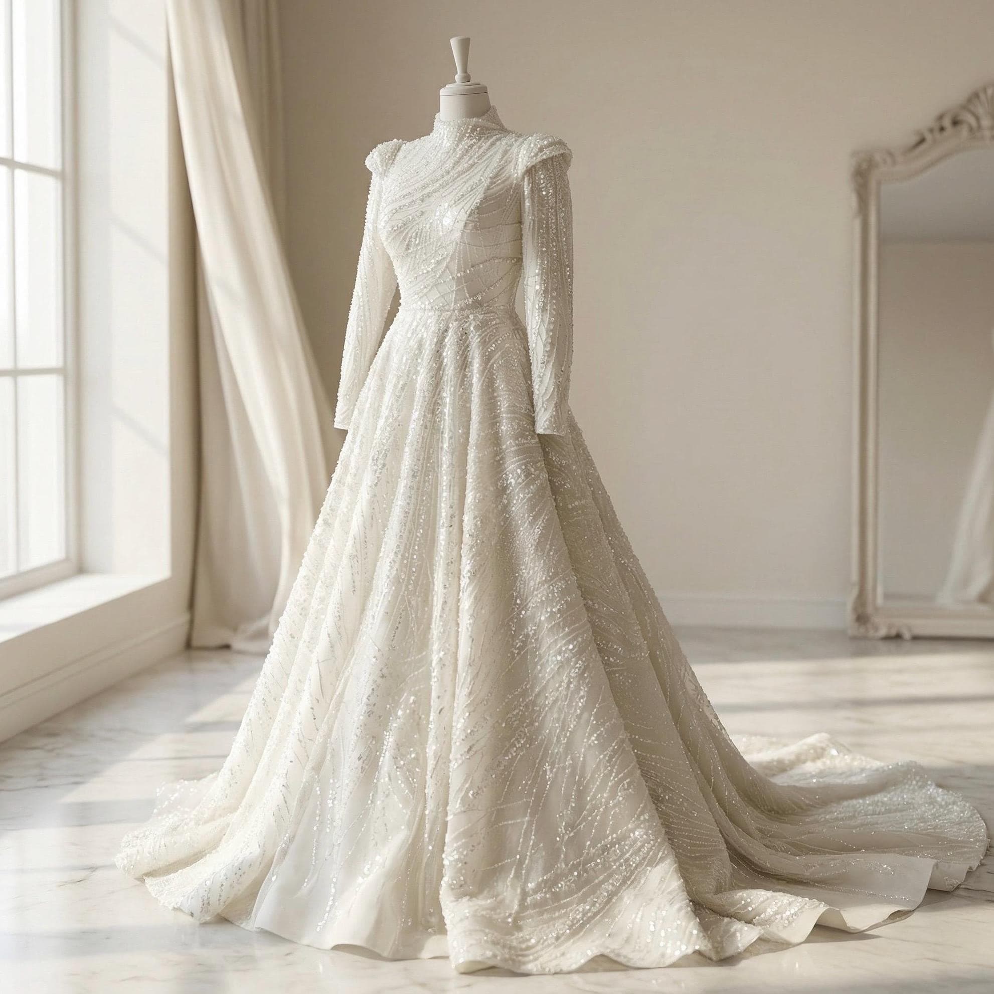 Handcrafted Beaded Hijab Wedding Dress – Long Sleeve Modest Couture Bridal Gown