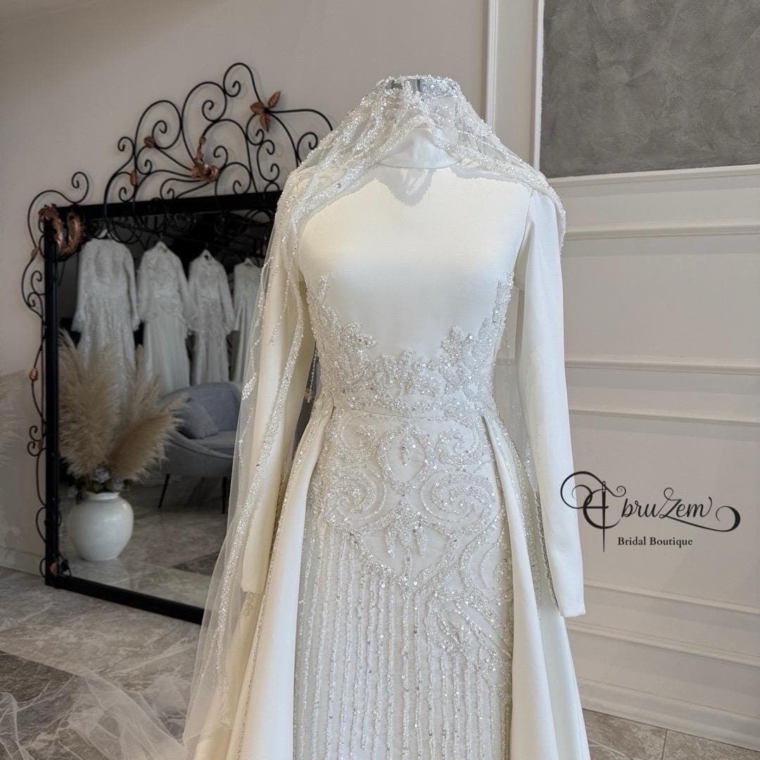 Luxury Beaded Wedding Dress – Modest Long Sleeve Hijab Bridal Gown - image 5