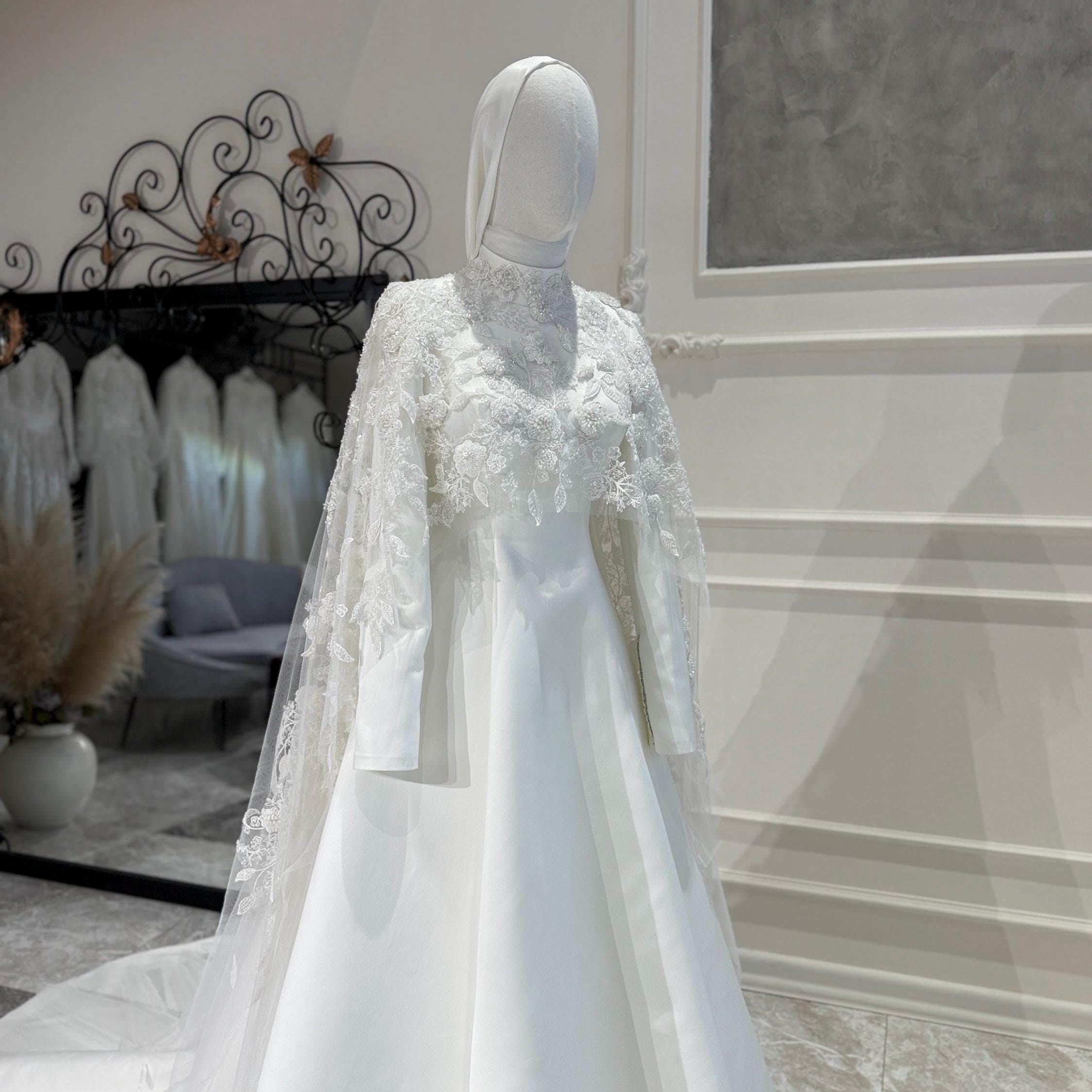Elegant Satin Hijab Wedding Dress with Cape – Minimalist Modest Bridal Gown