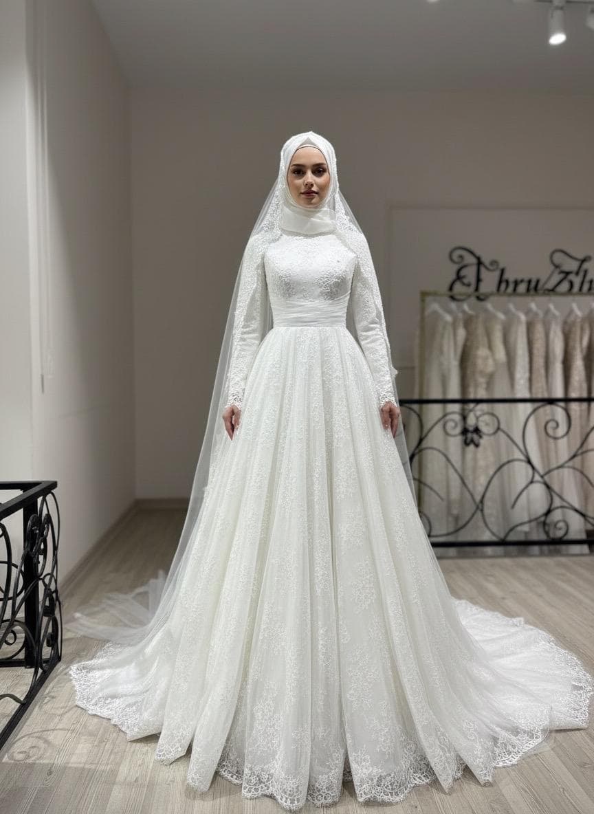 Modest Hijab Wedding Dress – Long Sleeve Lace Muslim Bridal Gown - image 4