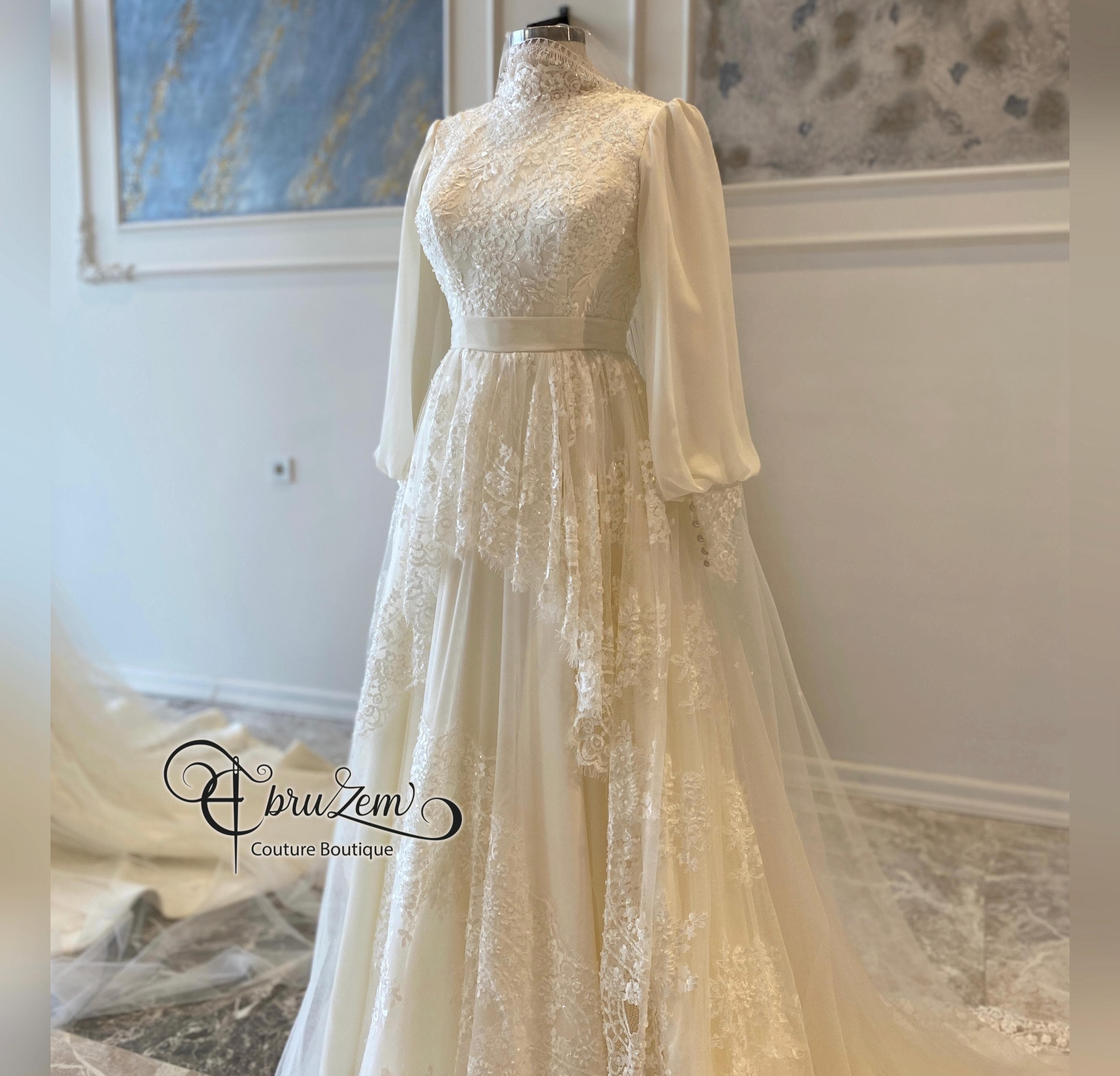 Modest Hijab Wedding Dress – Lace Gown with Long Sleeves & Train - image 4