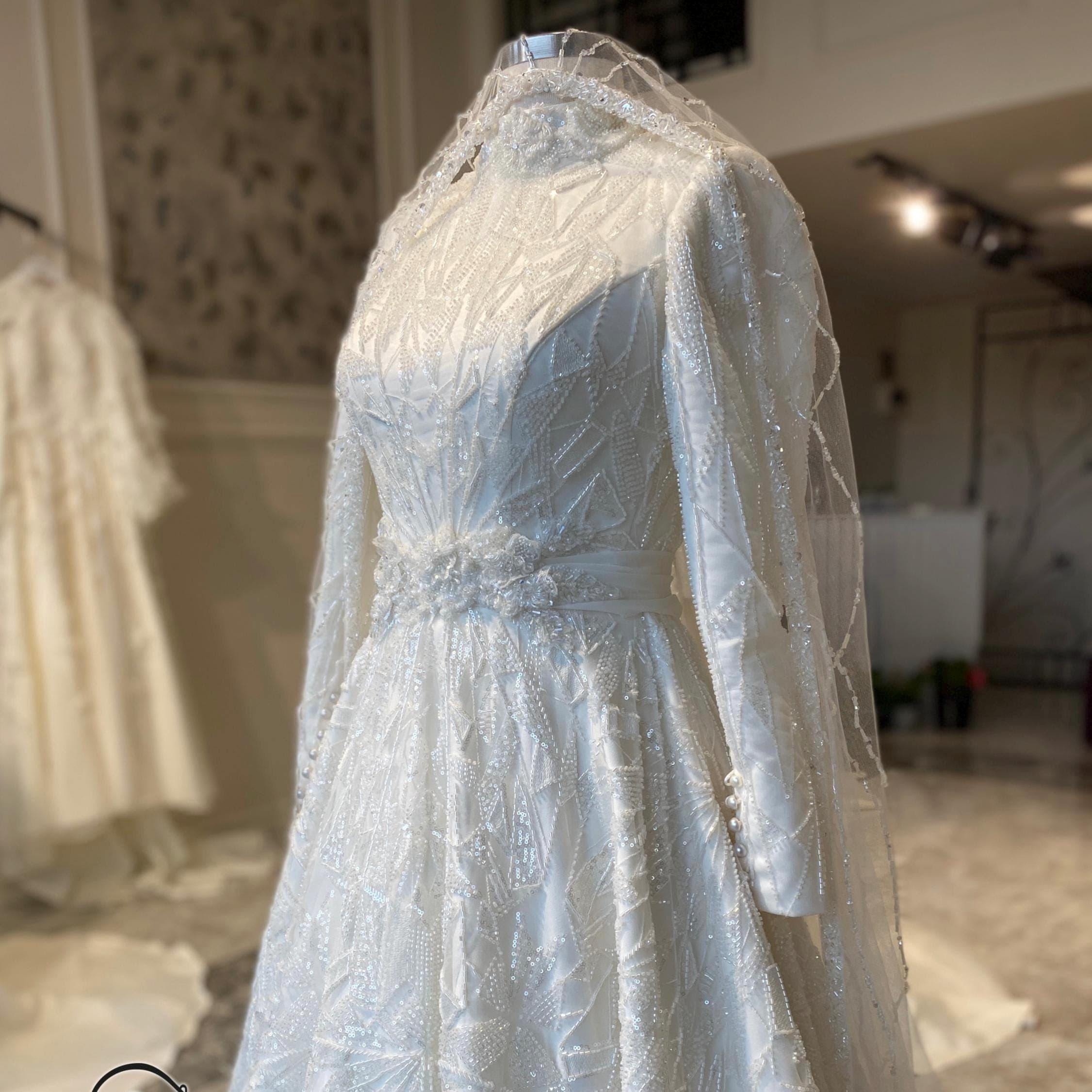 Custom Hijab Wedding Dress with Beaded Lace – Modest Long Sleeve A-Line Bridal Gown
