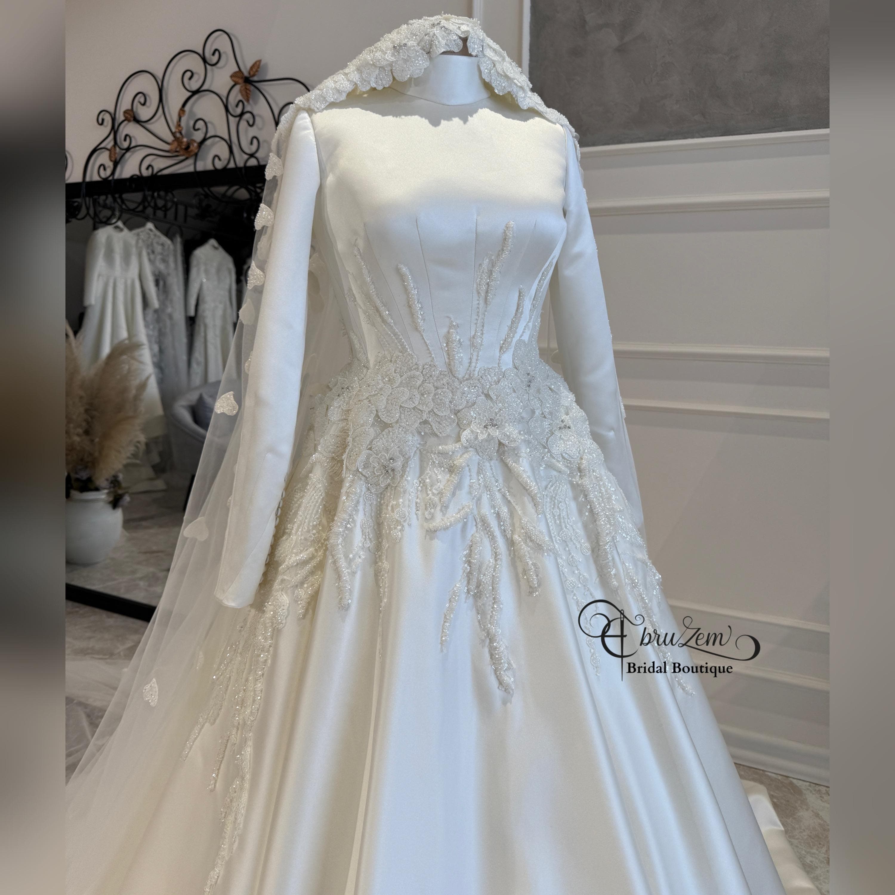 Modest Satin Hijab Wedding Gown – Hand-Beaded Lace A-Line Bridal Dress