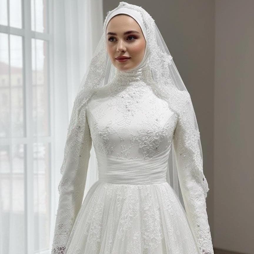 Modest Hijab Wedding Dress – Long Sleeve Lace Muslim Bridal Gown - image 3