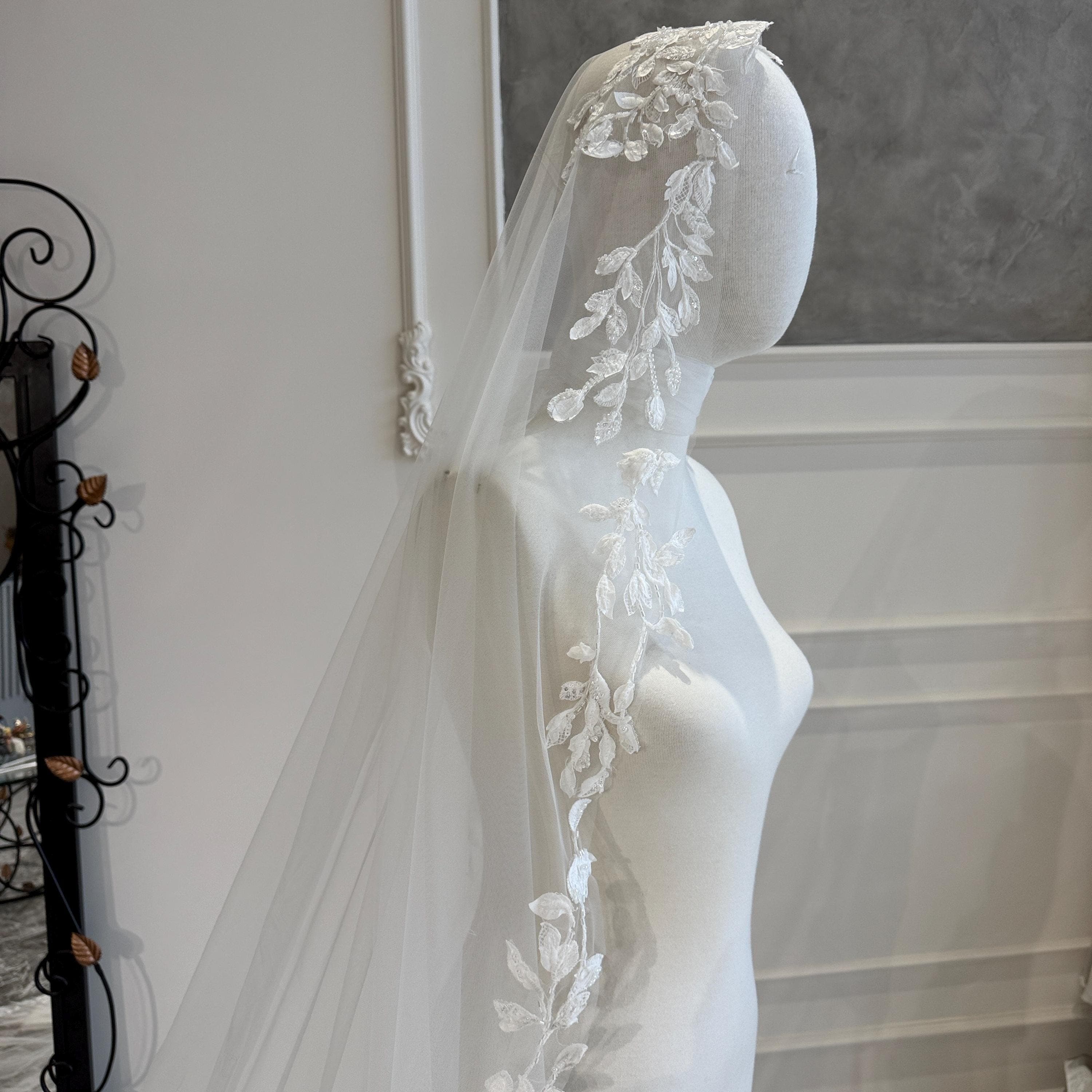 Custom embroidered floral veil, modest bridal veil.