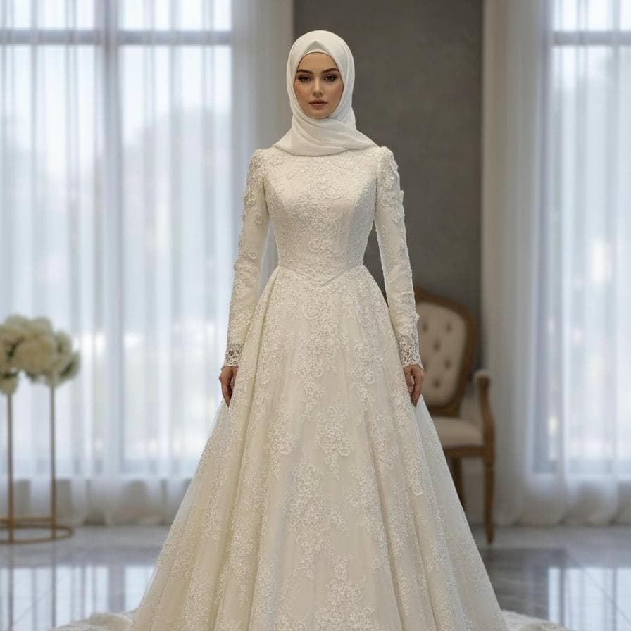 Modest Hijab Wedding Dress – Full Lace Muslim Bridal Gown with Train - image 5