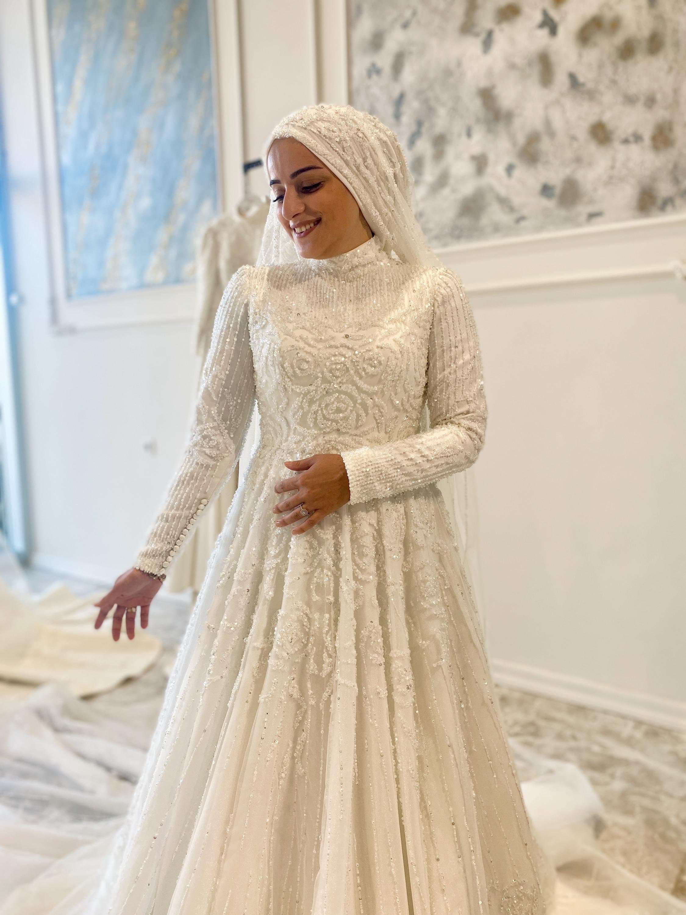 modest wedding dress  Long Sleeve A-Line Bridal Gown with Train, Modest Hijab Style - image 4