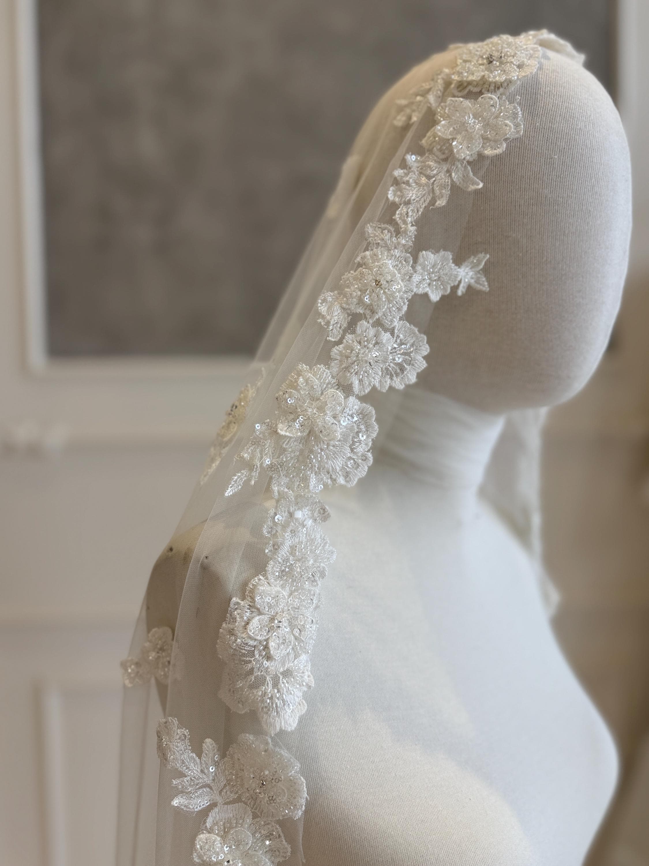 Cathedral Lace Bridal Veil, French Lace Trim, Single Layer Tulle, Handmade Elegance - image 3