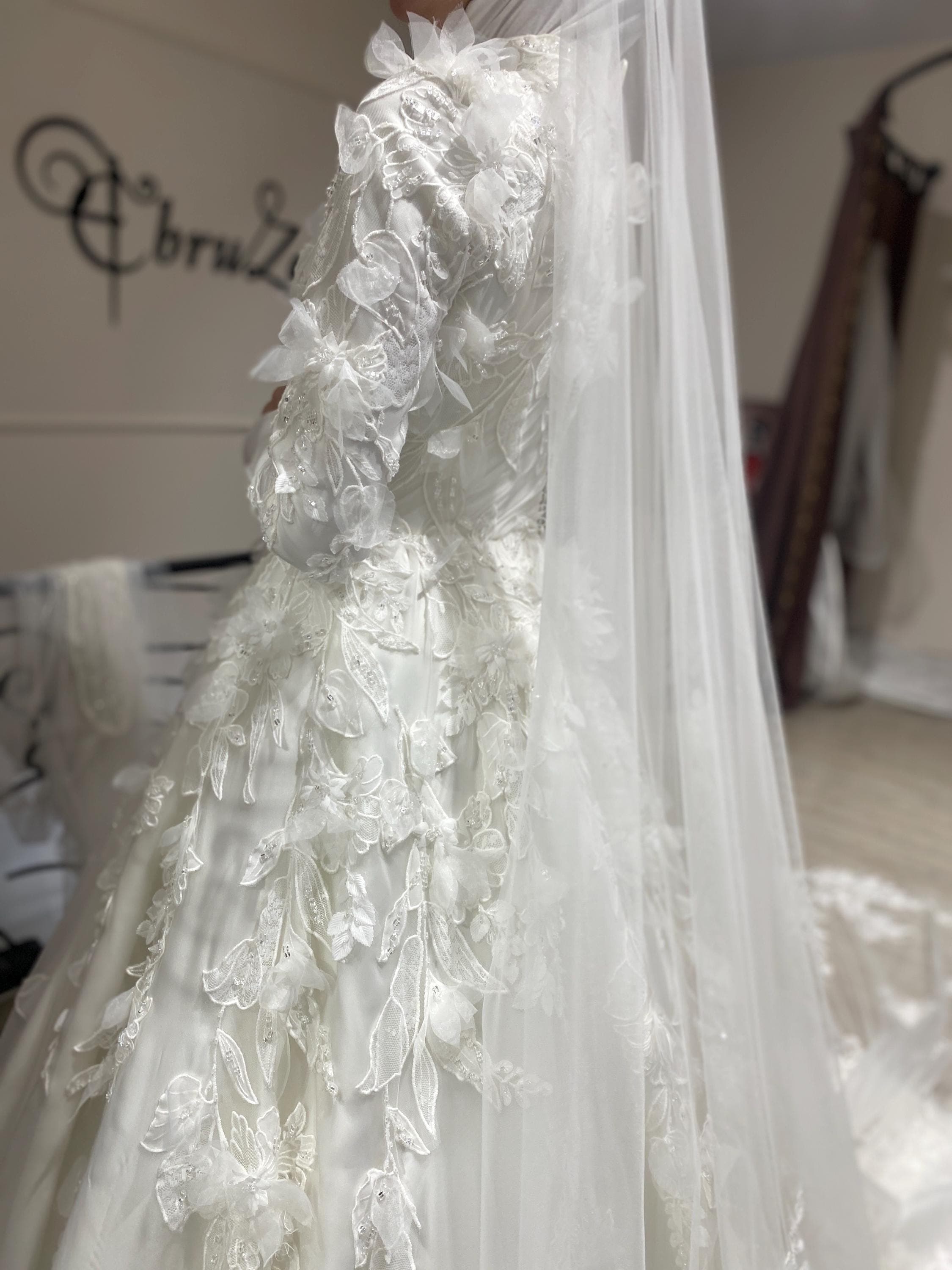 Luxury Silk Bridal Gown for Hijab Brides – Elegant Lace Long Sleeve Wedding Dress - image 3