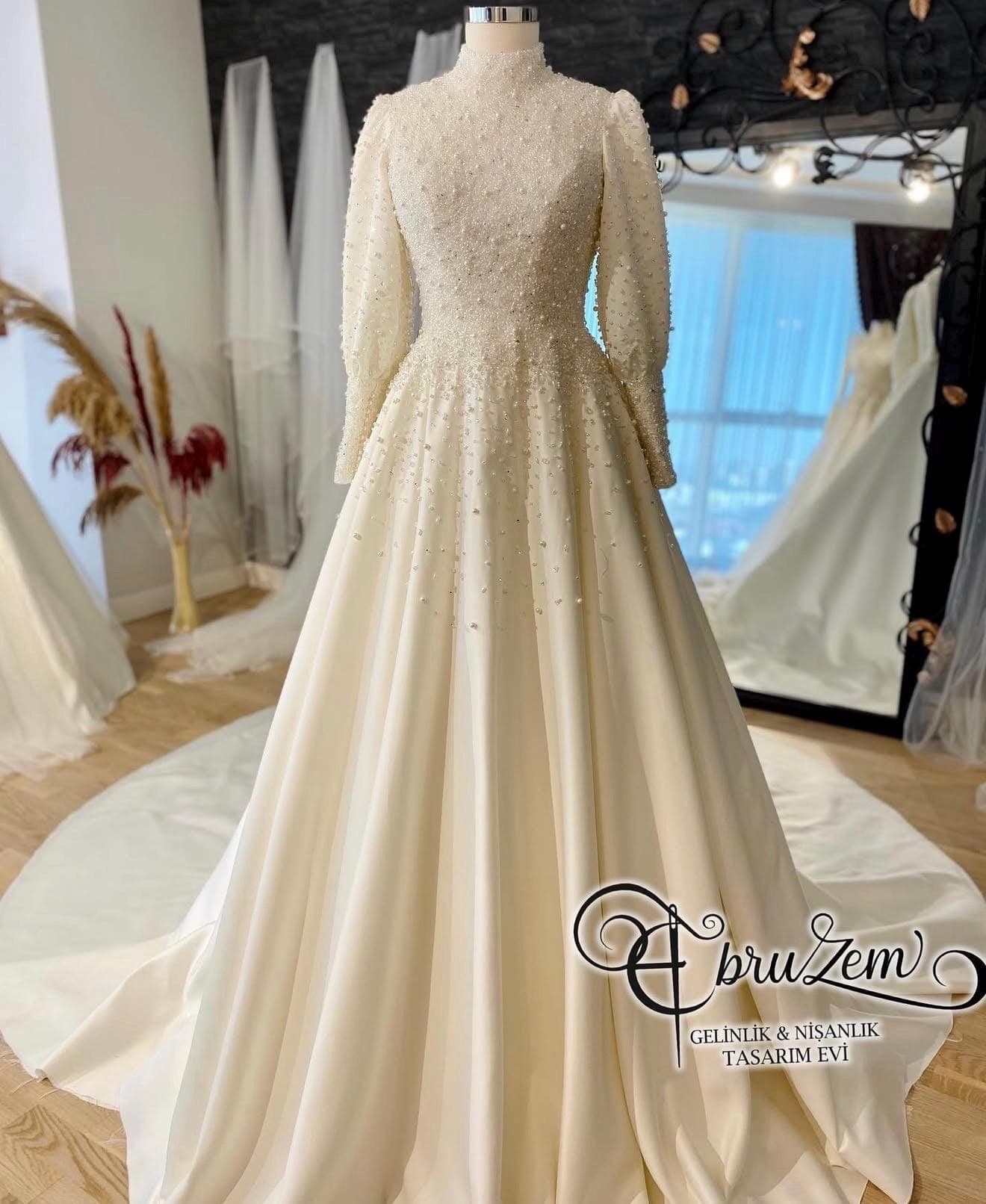 Modest Hijab Wedding Dress – Pearl Lace Long Sleeve A-Line Bridal Gown with Train - image 5