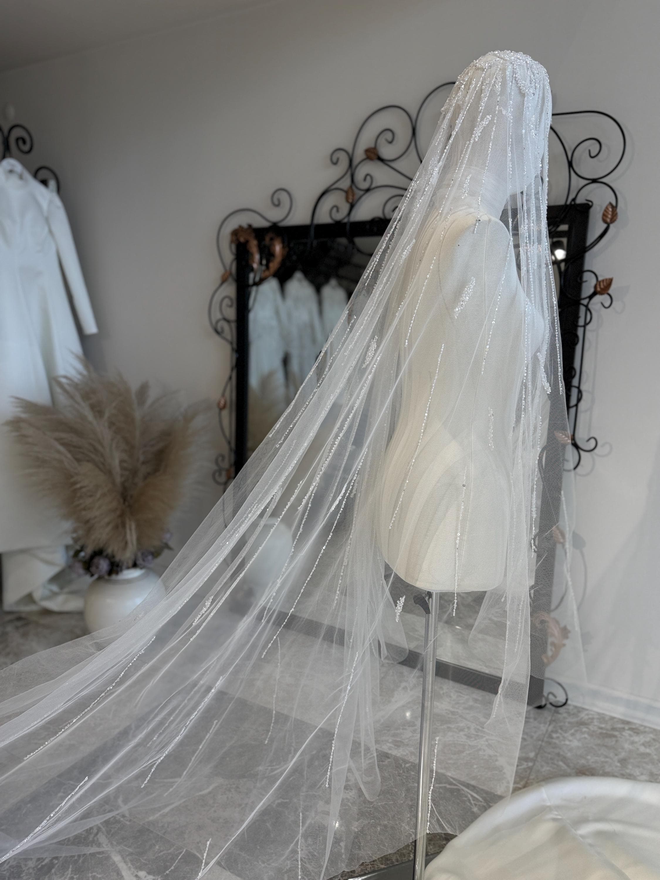 Handmade Embroidered Lace Bridal Veil – Long Tulle Wedding Veil - image 3