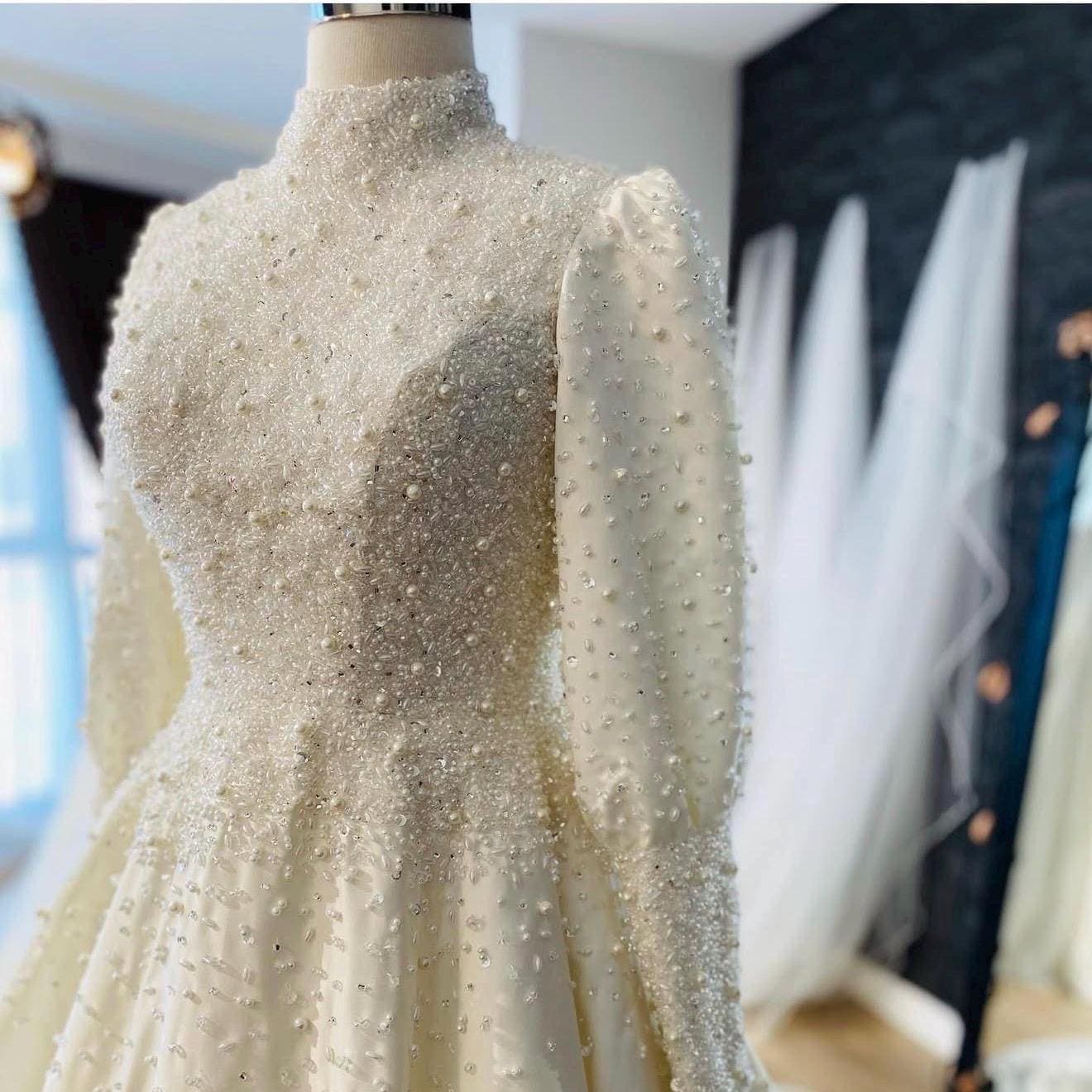 Modest Hijab Wedding Dress – Pearl Lace Long Sleeve A-Line Bridal Gown with Train