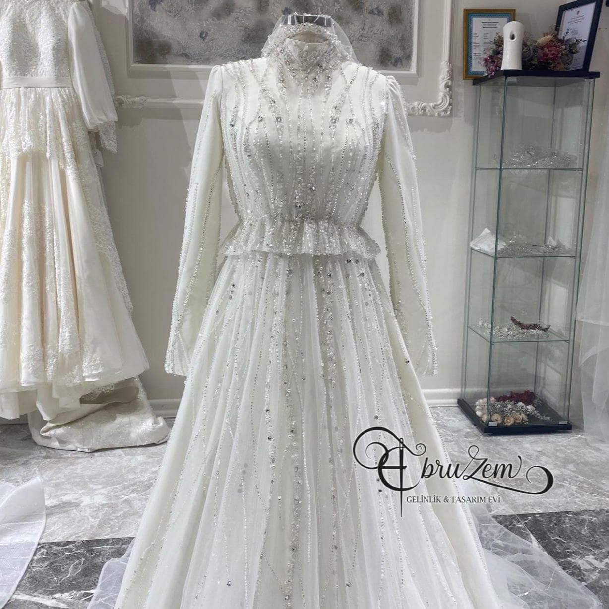 Silk Tulle Hijab Wedding Dress – Beaded A-Line Bridal Gown, Long Sleeve Modest Muslim - image 3