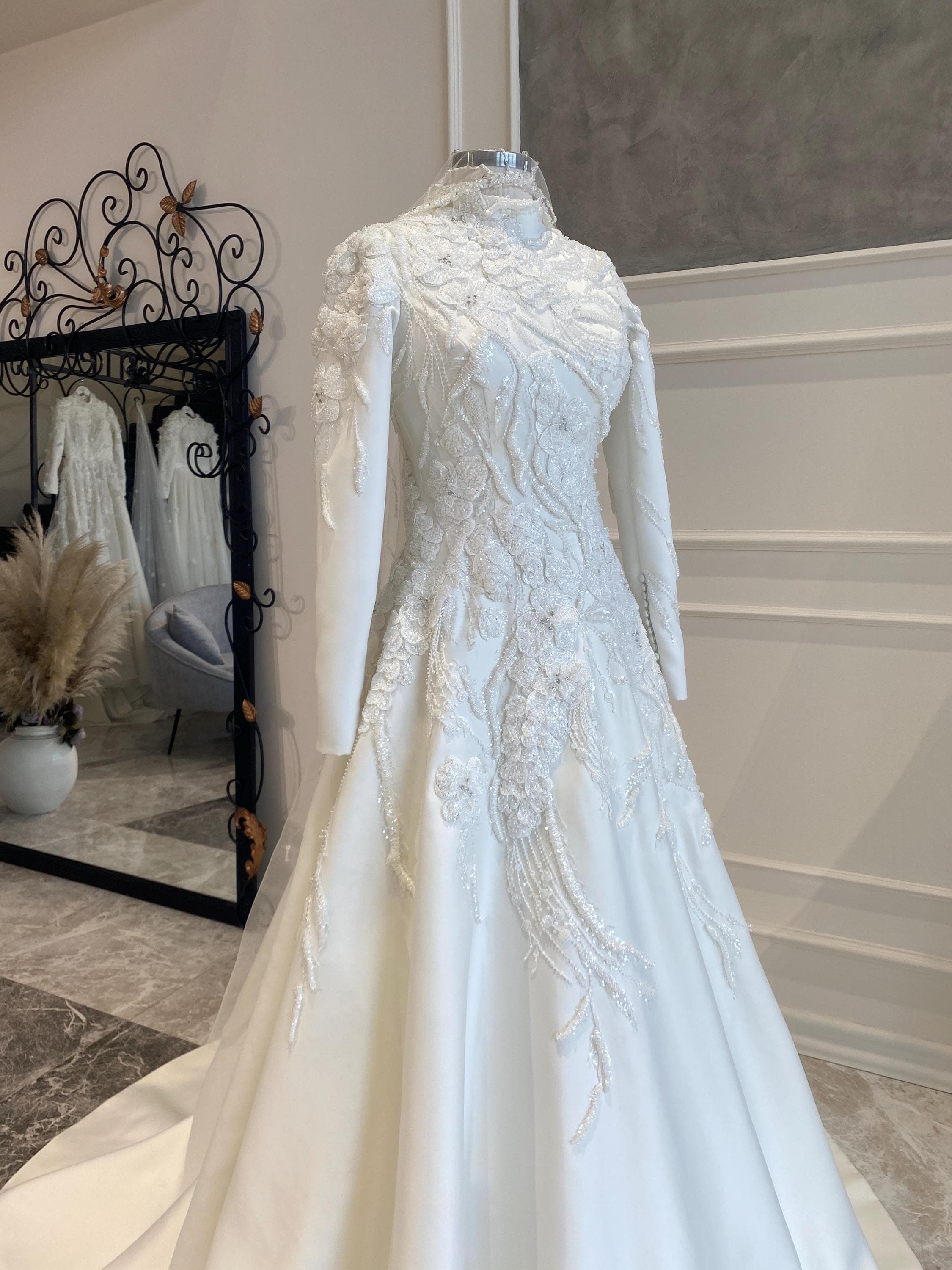 Satin A-Line Wedding Dress with Beaded Lace – Long Sleeve Modest Bridal Gown - image 4