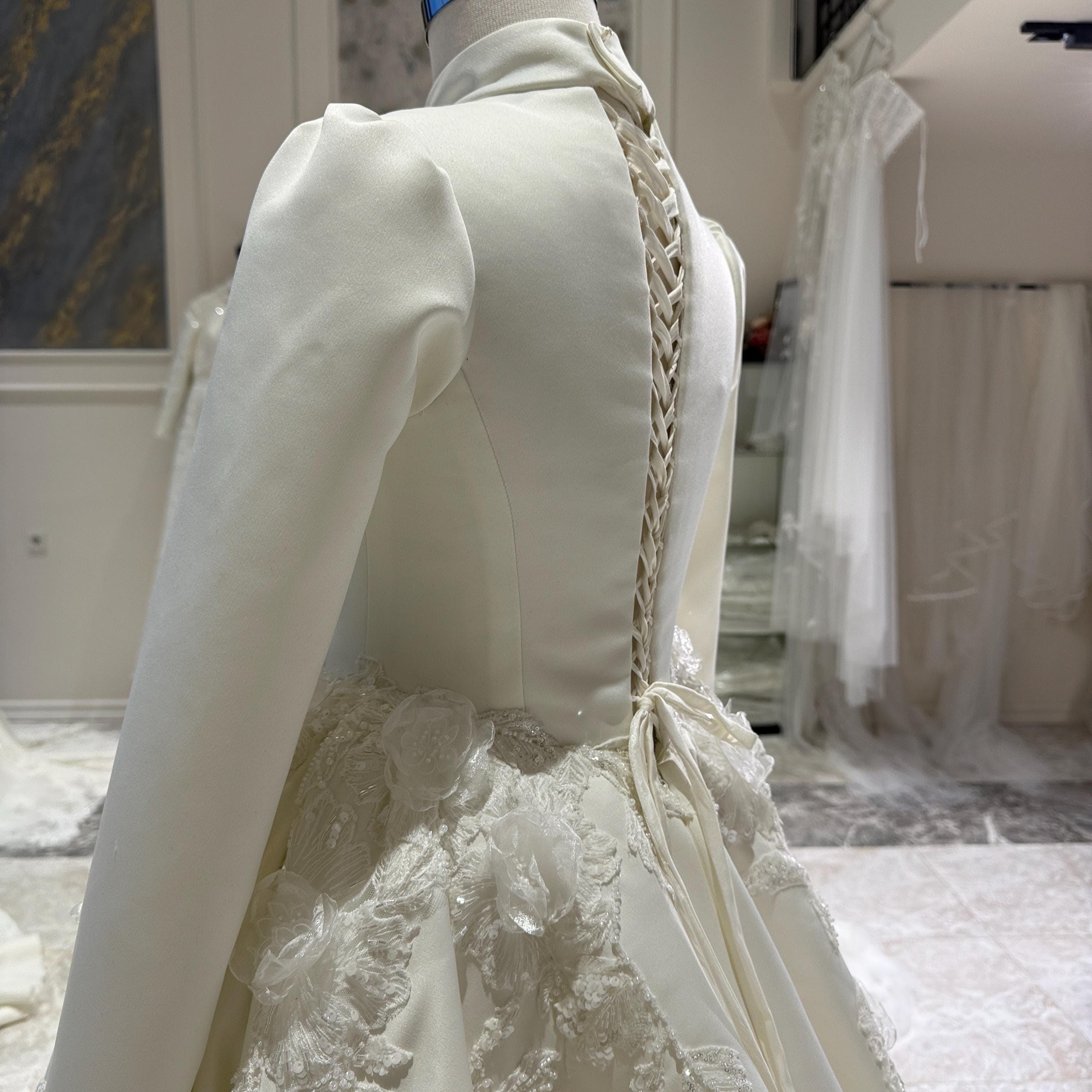 Satin Muslim Wedding Dress, Long Sleeve A-Line Bridal Gown - image 5
