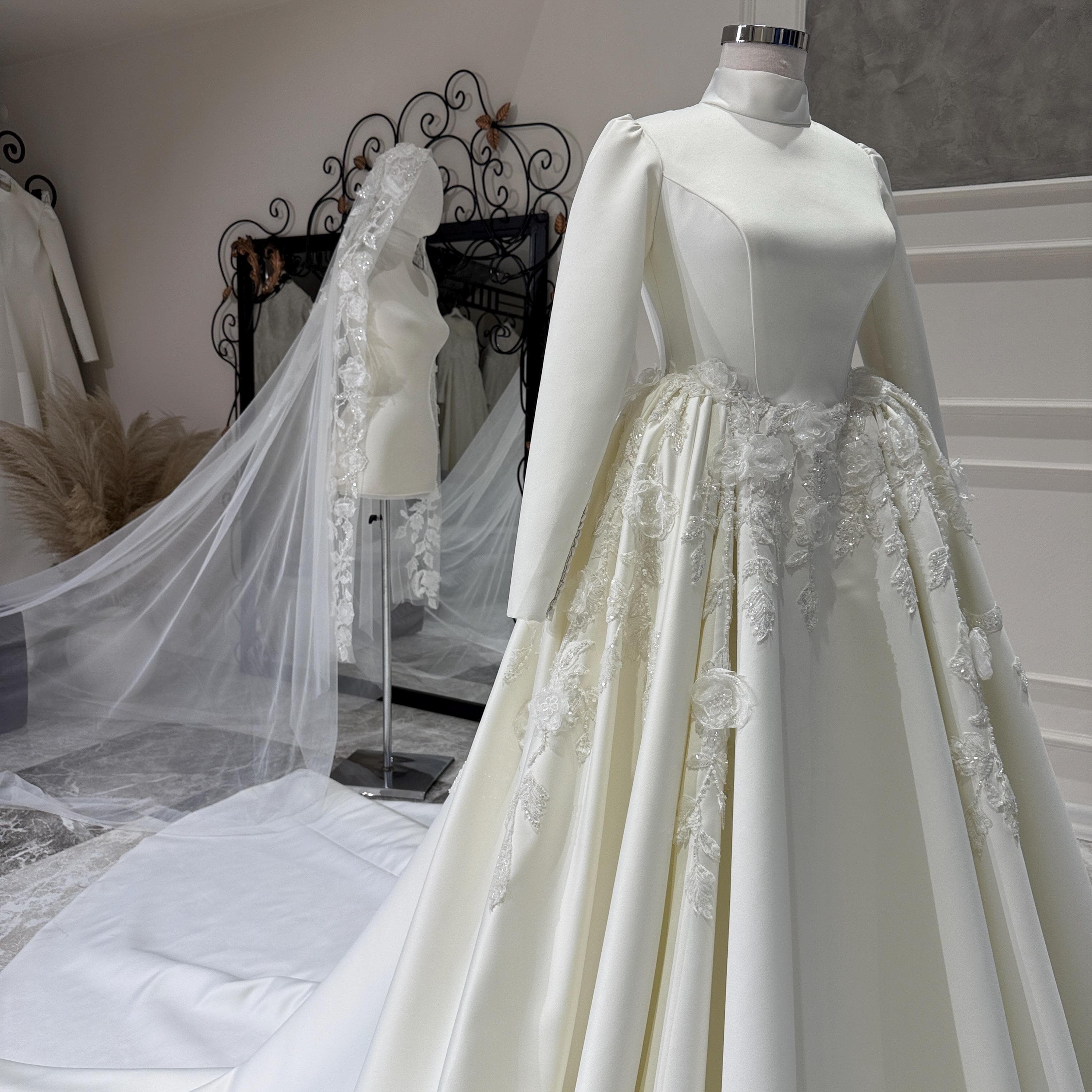 Satin Muslim Wedding Dress, Long Sleeve A-Line Bridal Gown - image 4