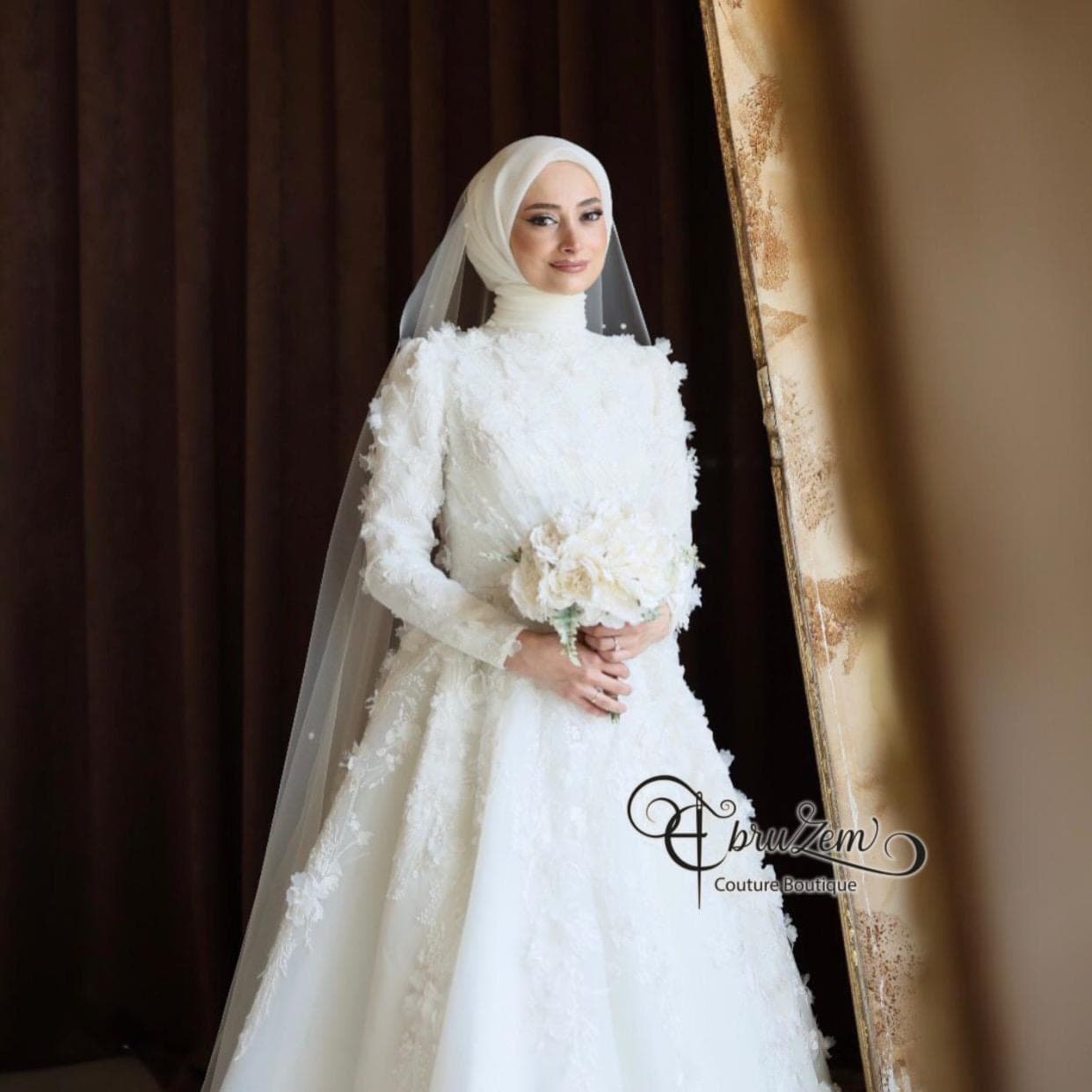 Muslimah Bride Dress, A-Line Hijab Wedding Dress with 3D Floral Lace  Modest Long Sleeve