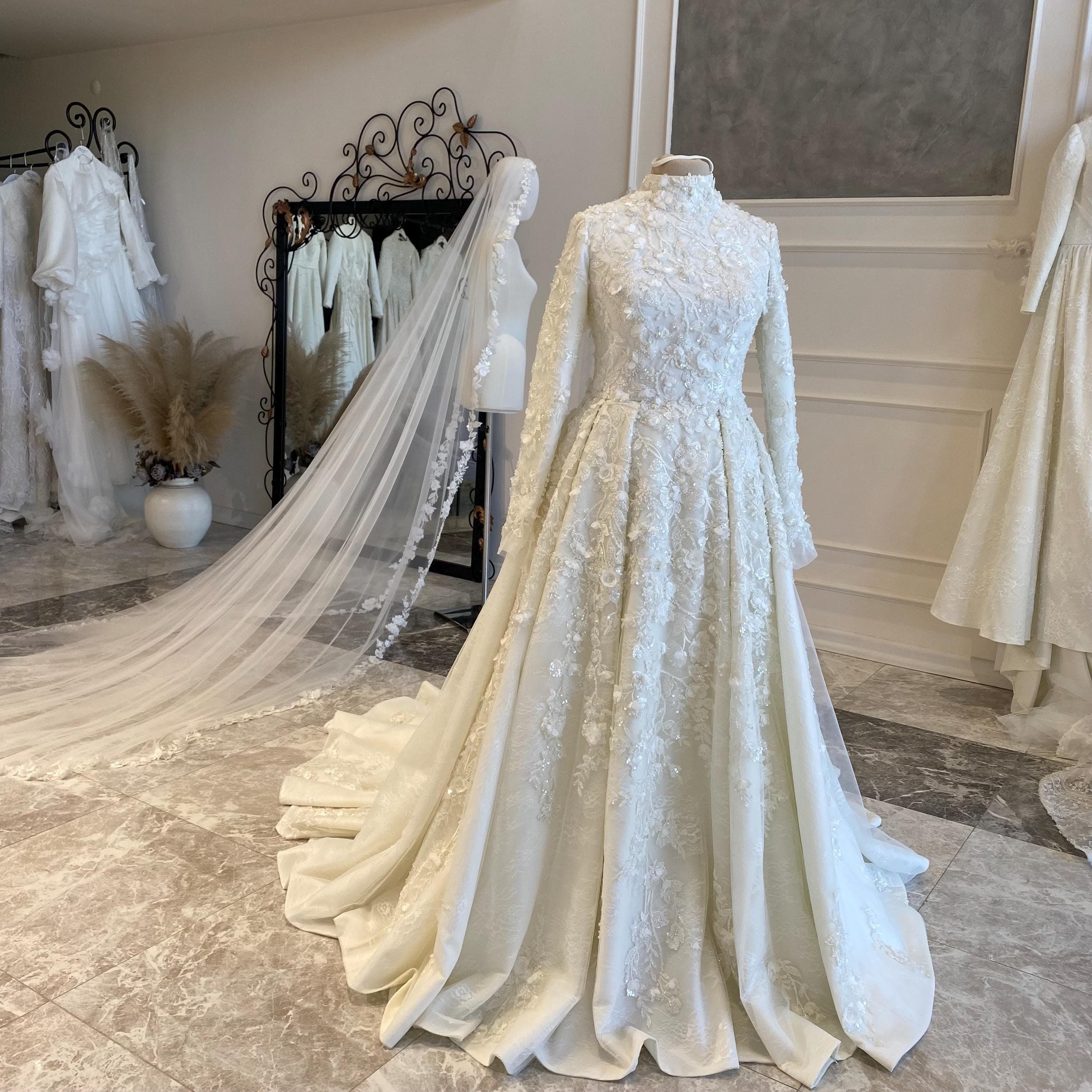 Hijab Wedding Dress with Floral Sleeves – 3D Lace  Modest Muslim Bridal Gown - image 4